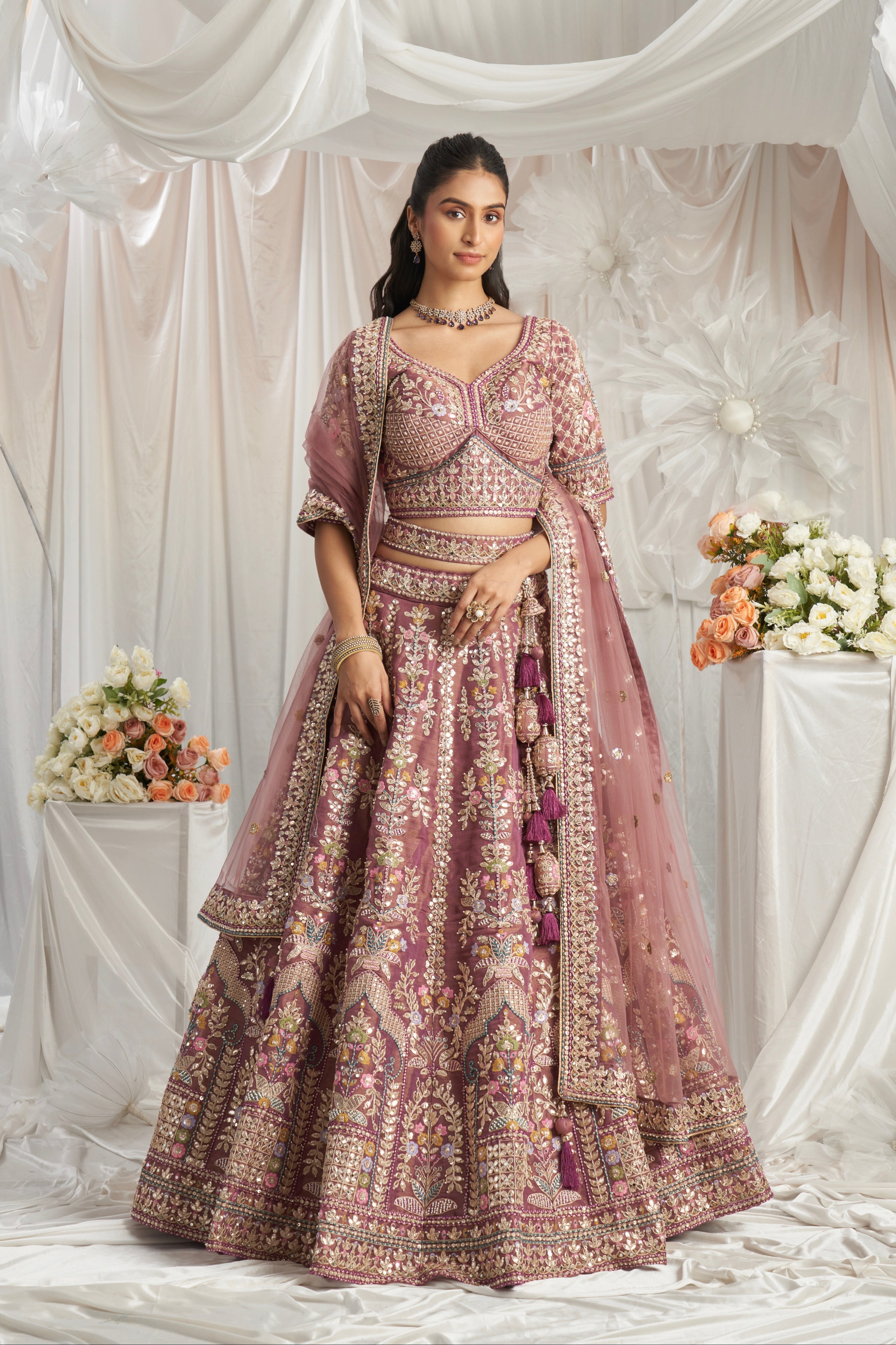 Lavender Gold Bridal Net Lehenga with Gotapatti &amp; Sequins Work