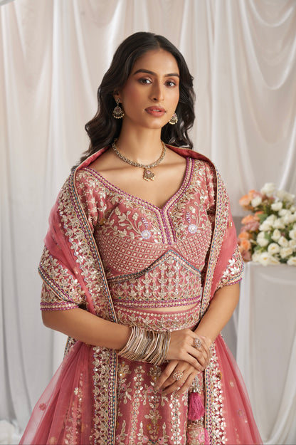 Rose Gold Bridal Net Lehenga with Gotapatti &amp; Sequins Work