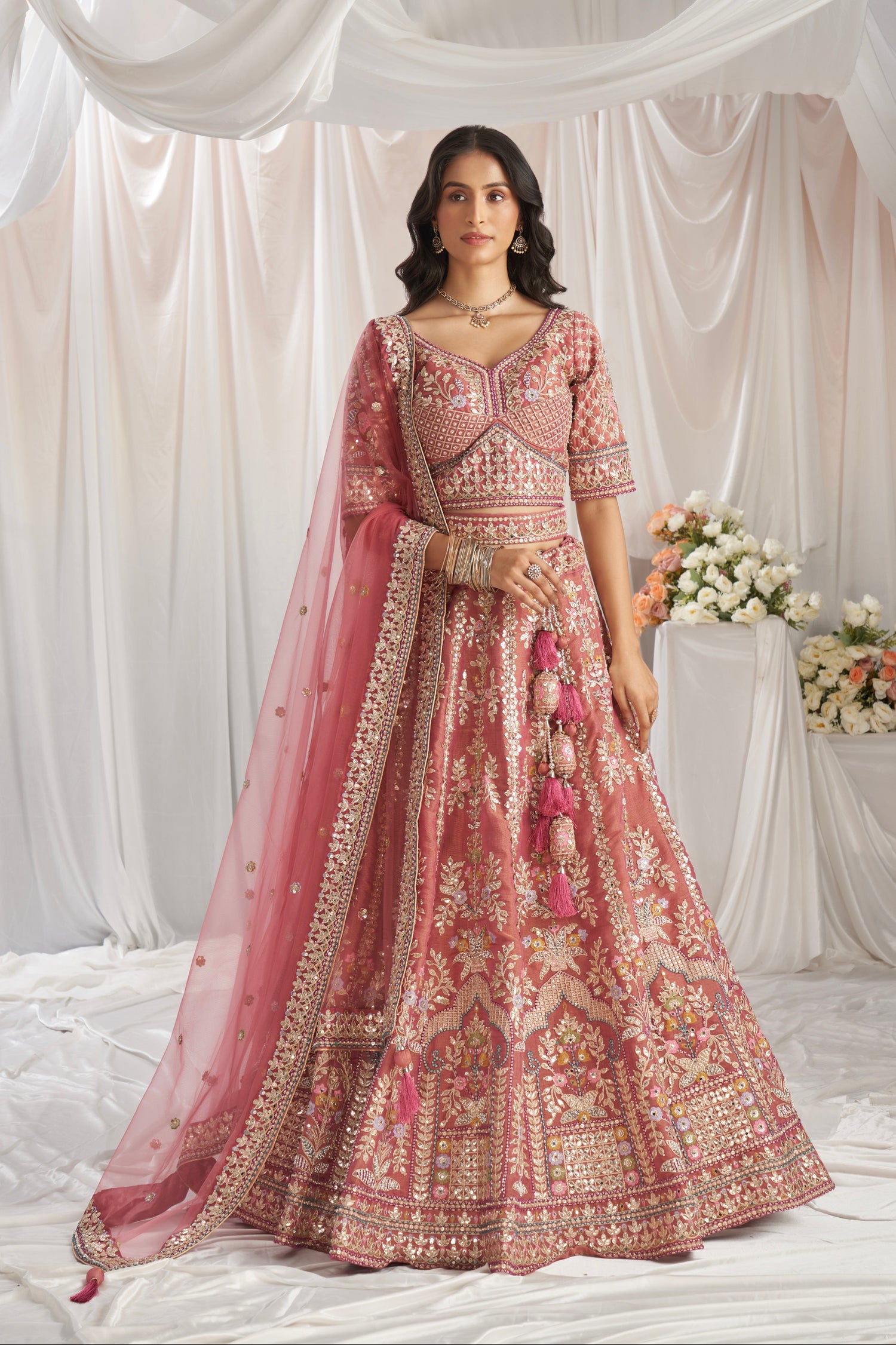 Rose Gold Bridal Net Lehenga with Gotapatti &amp; Sequins Work