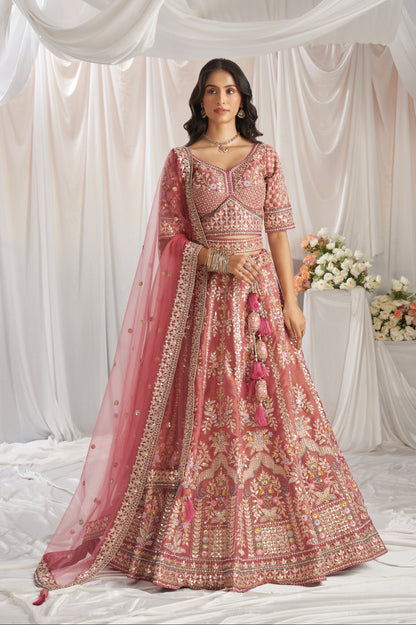 Rose Gold Bridal Net Lehenga with Gotapatti &amp; Sequins Work