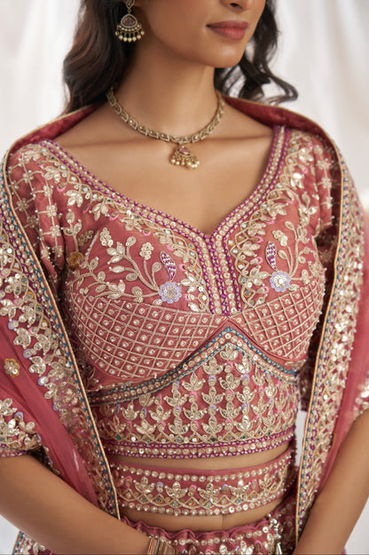 Rose Gold Bridal Net Lehenga with Gotapatti &amp; Sequins Work