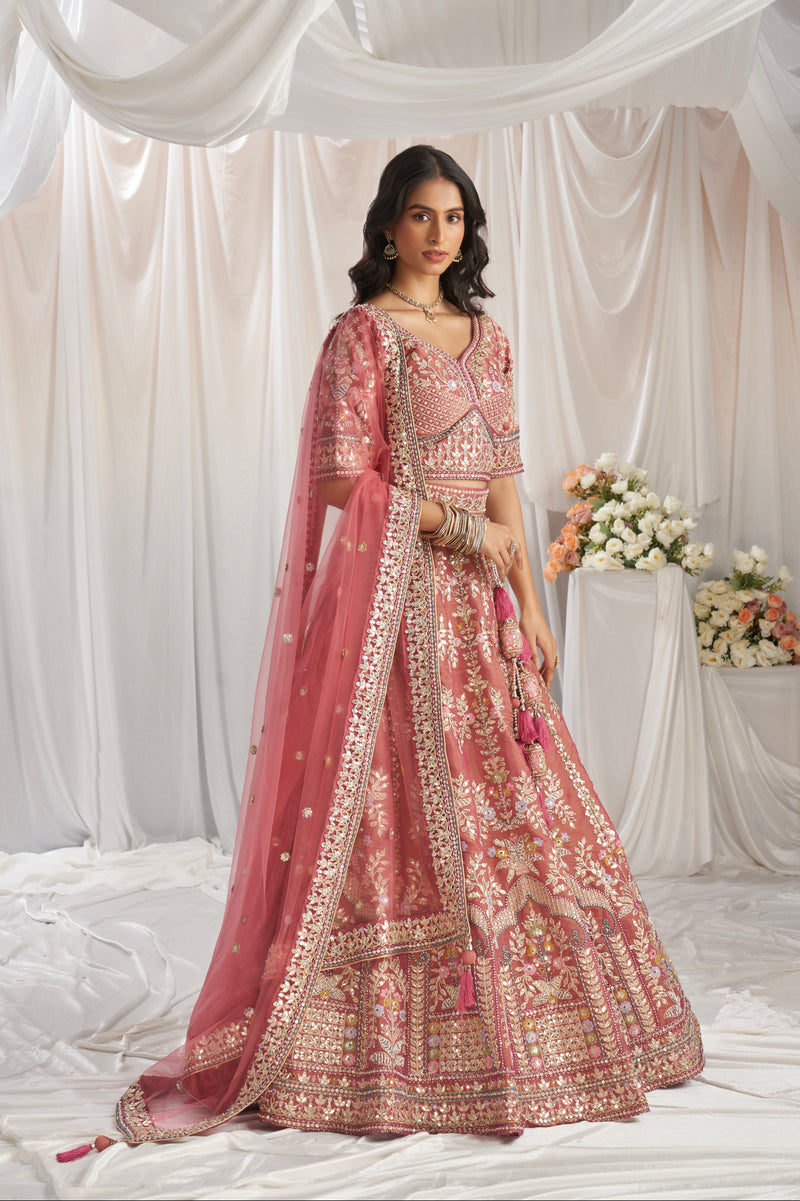 Rose Gold Bridal Net Lehenga with Gotapatti & Sequins Work