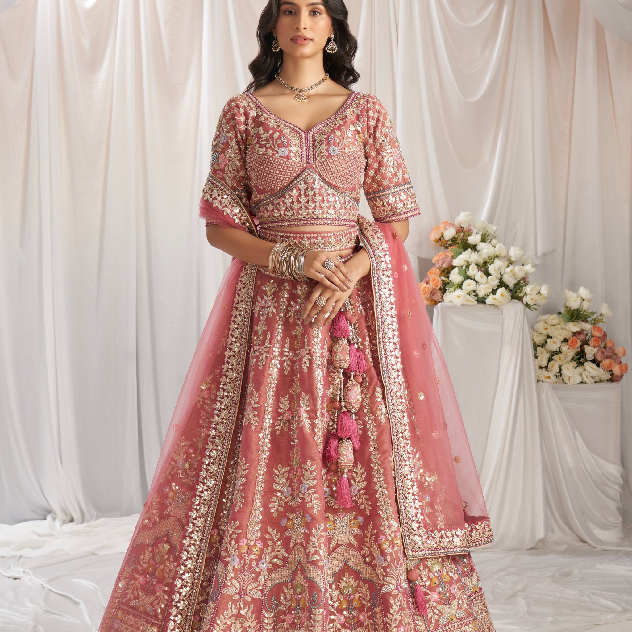 Red Lehenga Rose Gold Jewelry With Red Dress Bridal Wear Red