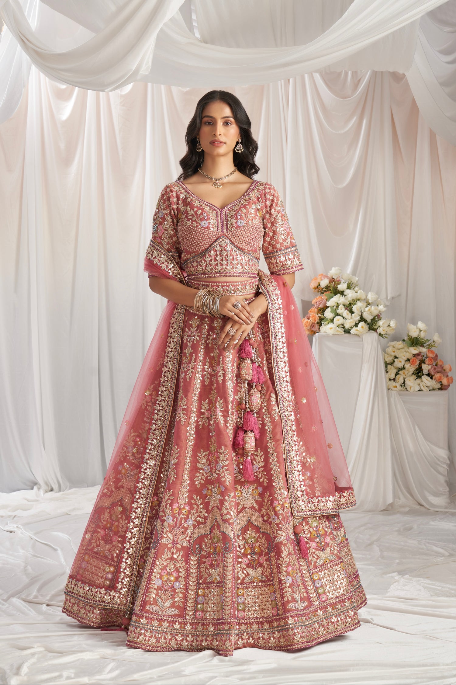 Rose Gold Bridal Net Lehenga with Gotapatti & Sequins Work Rose Gold Bridal Net Lehenga with Gotapatti & Sequins Work
