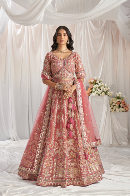 Rose Gold Bridal Net Lehenga with Gotapatti &amp; Sequins Work