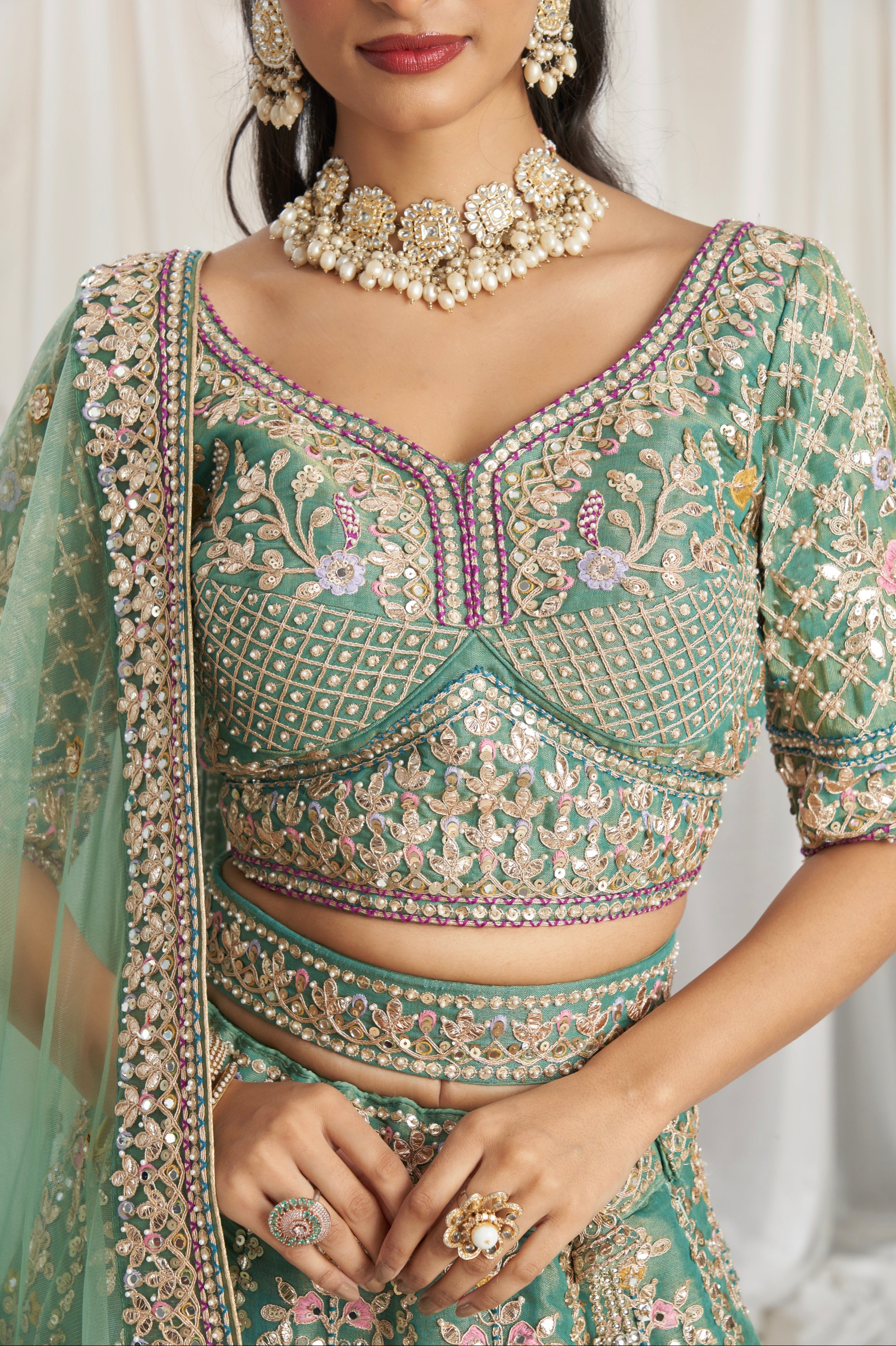 Sea Green Bridal Net Lehenga with Gotapatti &amp; Sequins