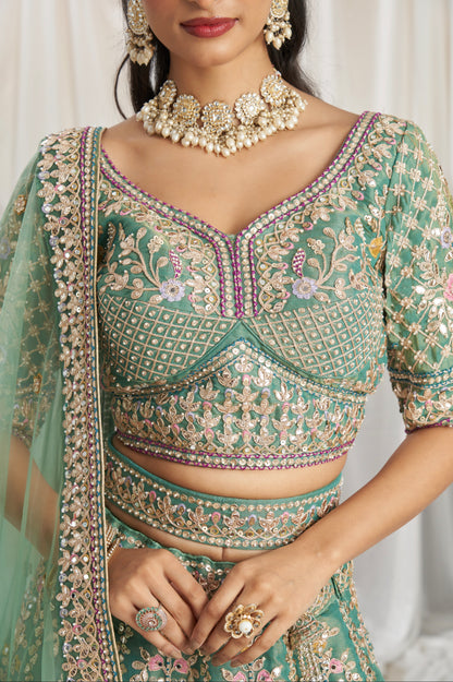 Sea Green Bridal Net Lehenga with Gotapatti &amp; Sequins