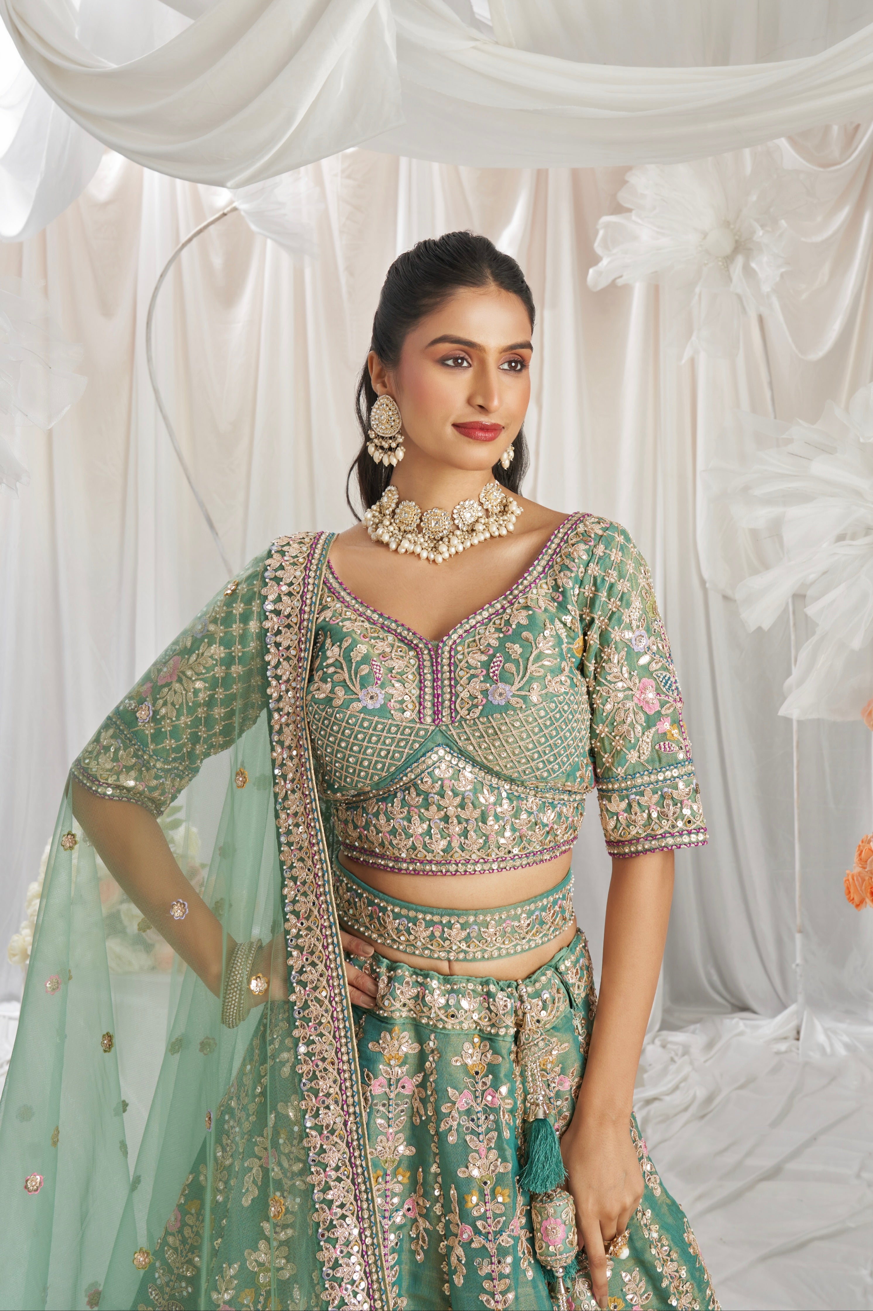 Sea Green Bridal Net Lehenga with Gotapatti &amp; Sequins