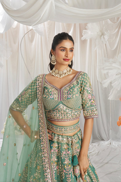Sea Green Bridal Net Lehenga with Gotapatti &amp; Sequins