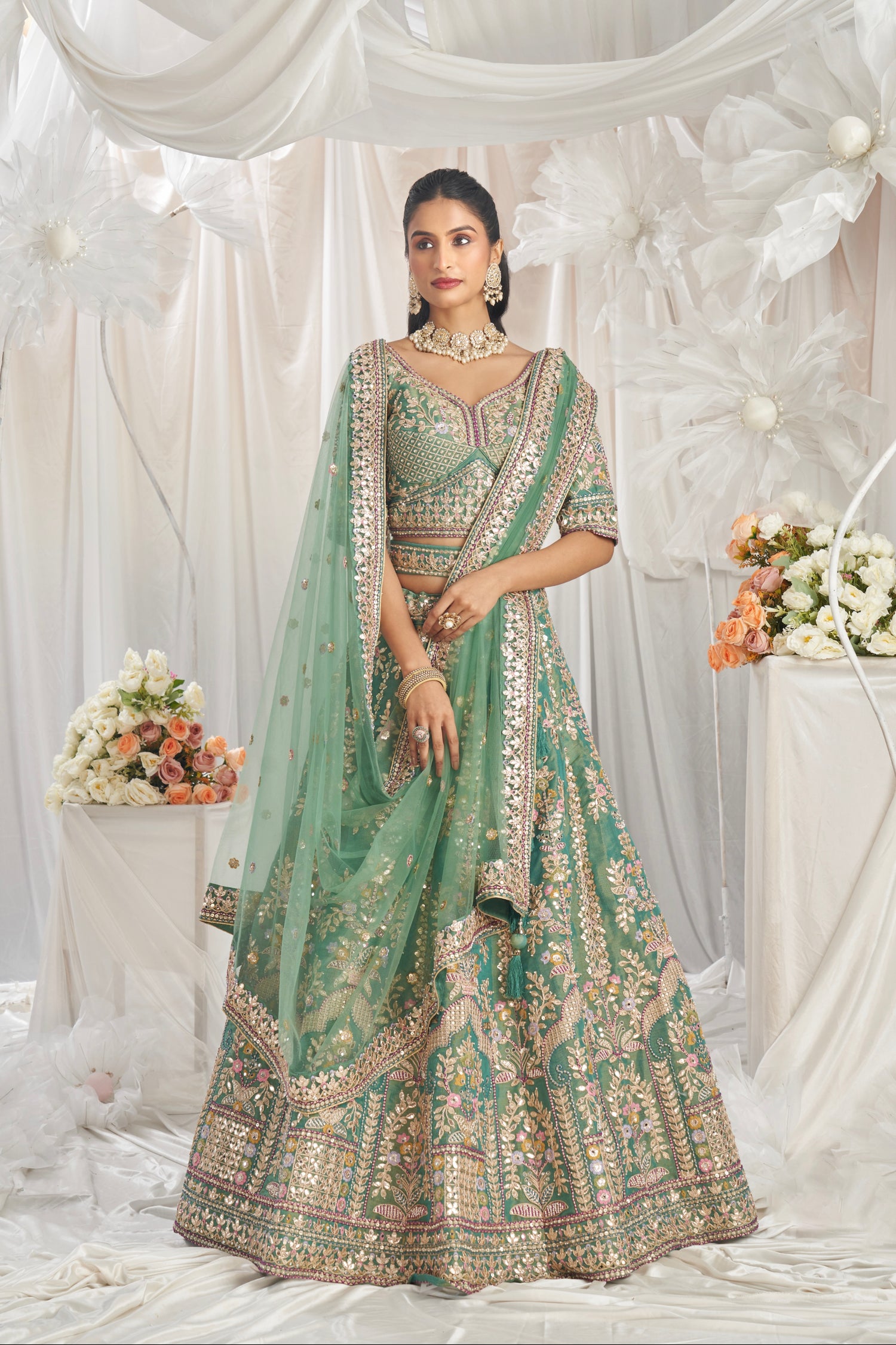 Sea Green Bridal Net Lehenga with Gotapatti &amp; Sequins