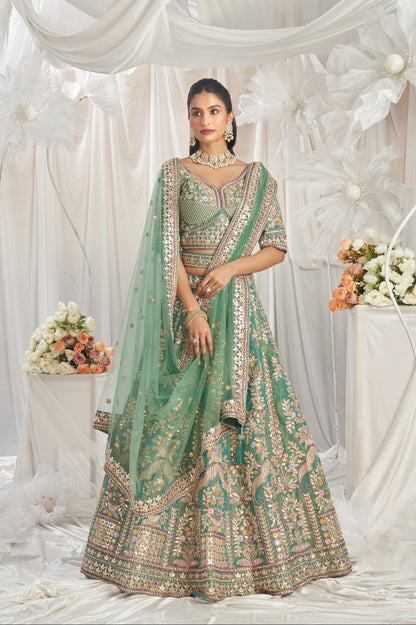 Sea Green Bridal Net Lehenga with Gotapatti &amp; Sequins