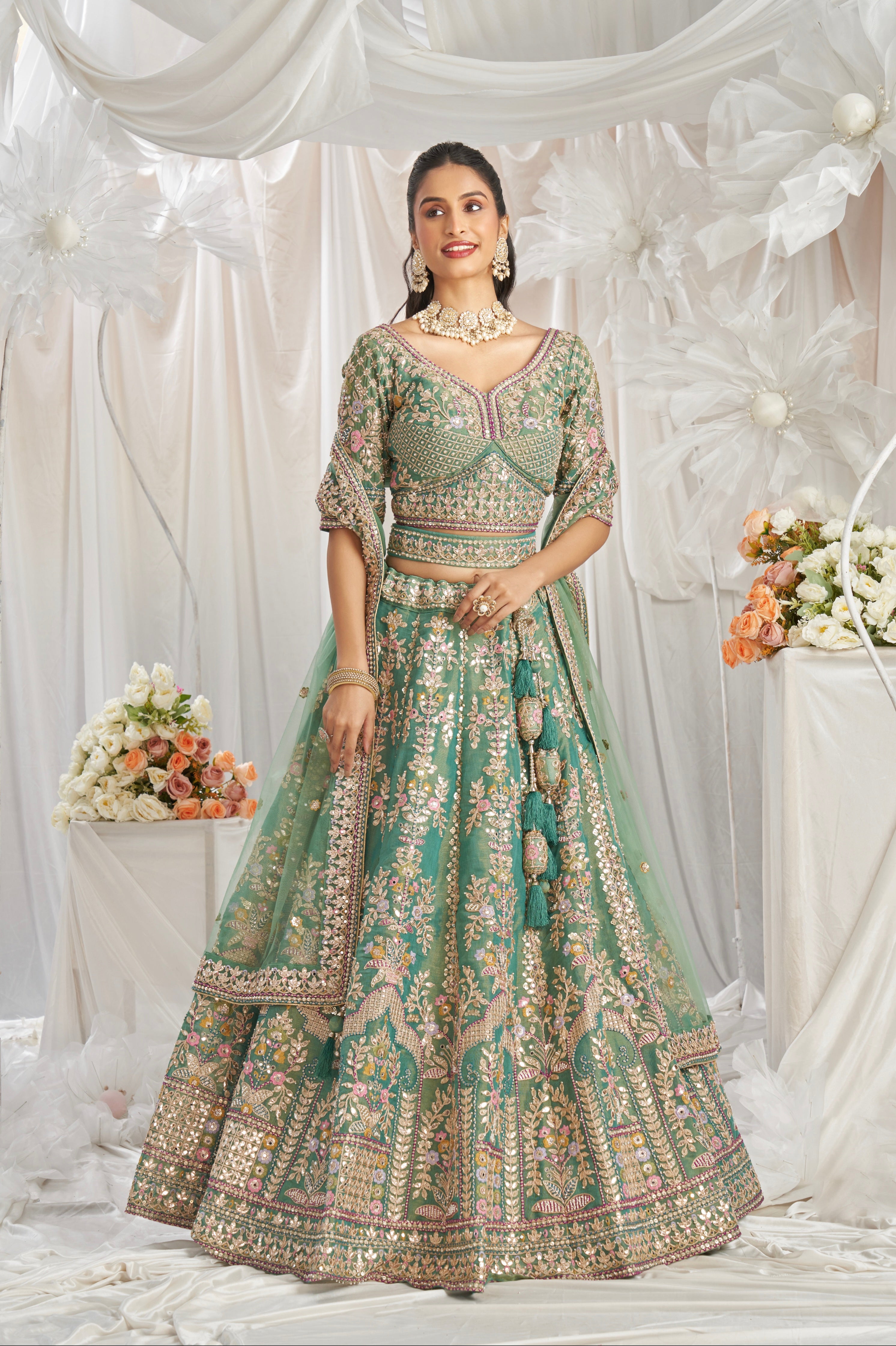 Sea Green Bridal Net Lehenga with Gotapatti &amp; Sequins