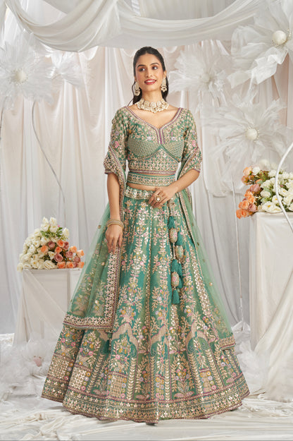 Sea Green Bridal Net Lehenga with Gotapatti &amp; Sequins