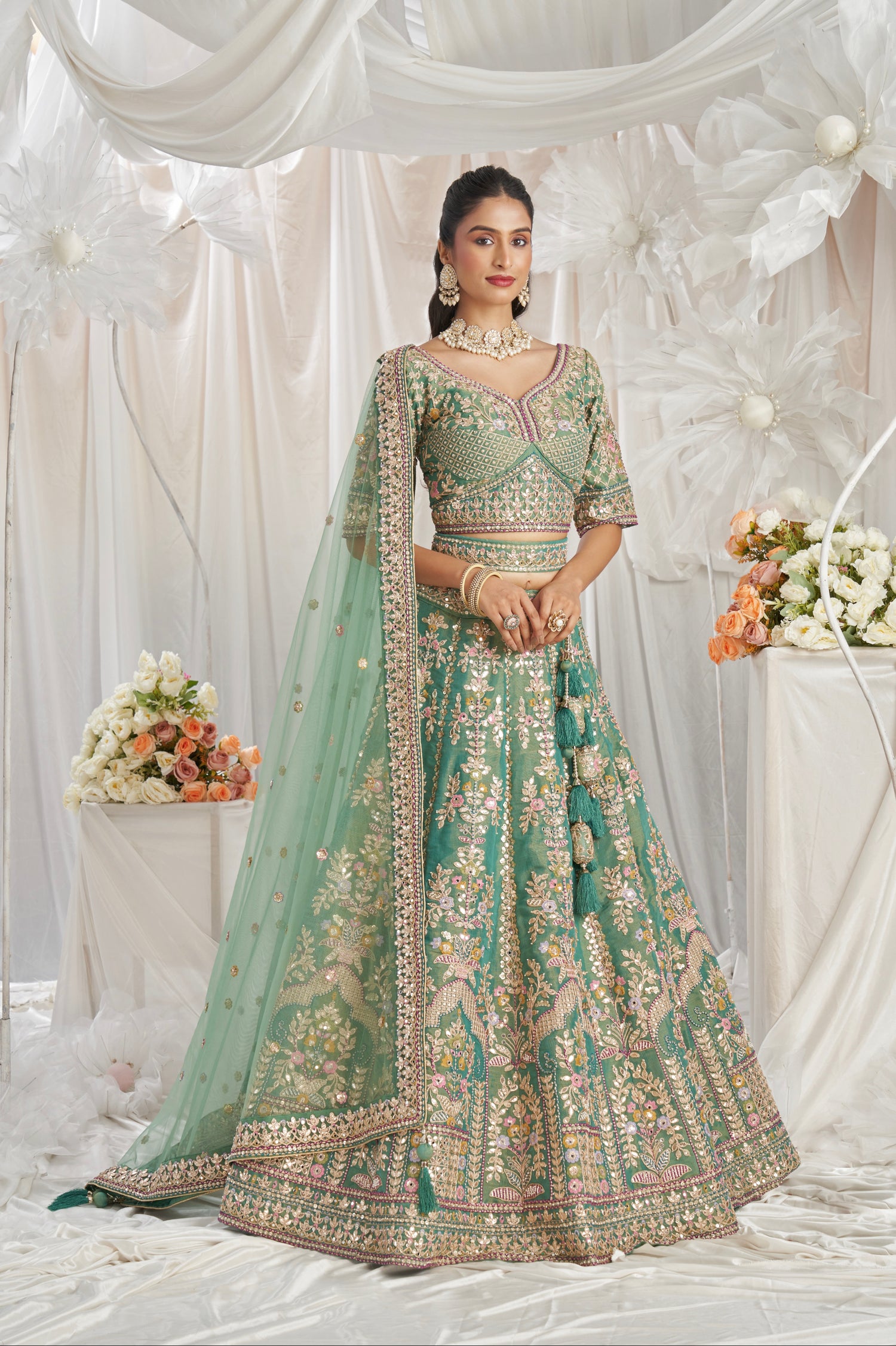 Sea Green Bridal Net Lehenga with Gotapatti &amp; Sequins