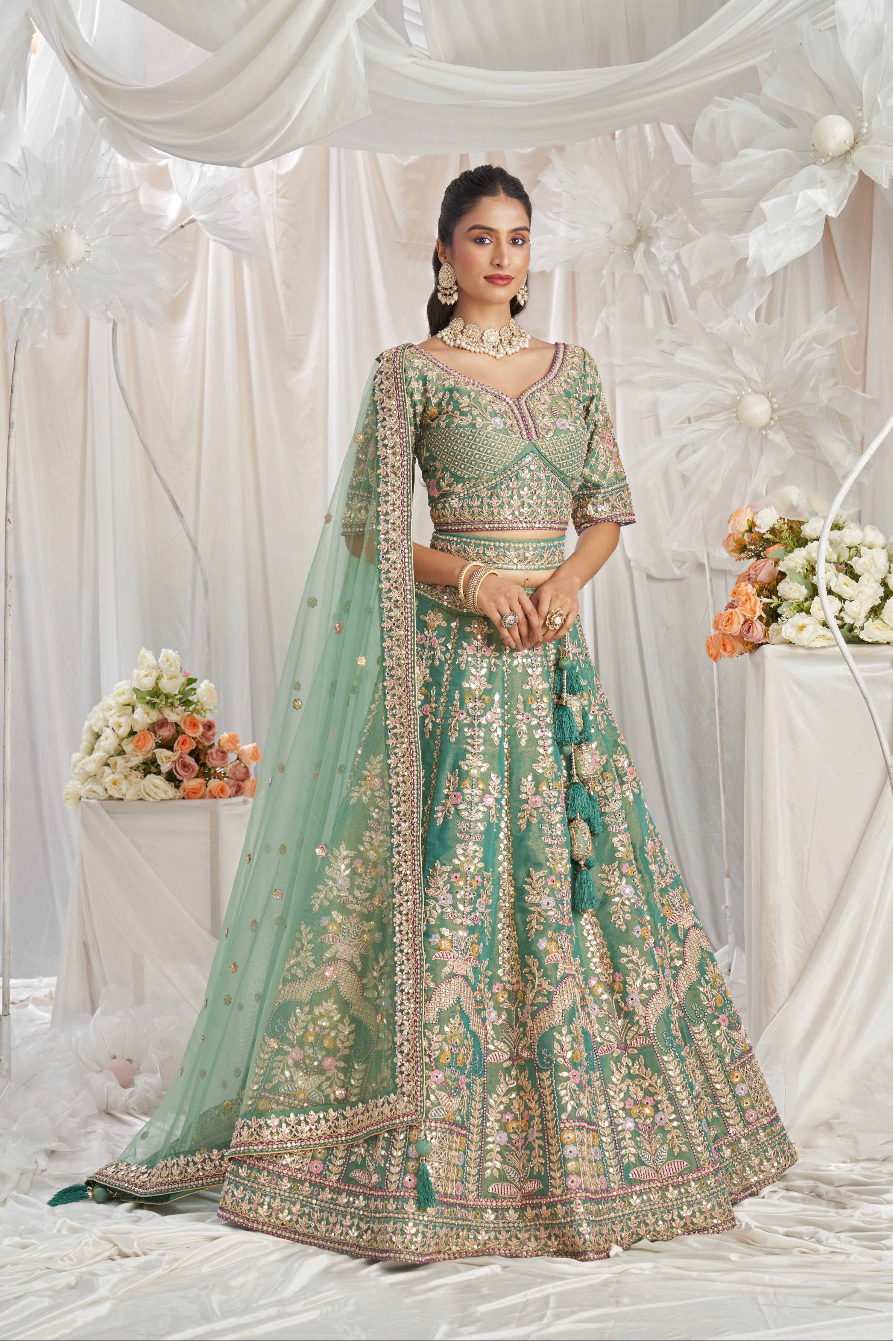Sea Green Bridal Net Lehenga with Gotapatti &amp; Sequins