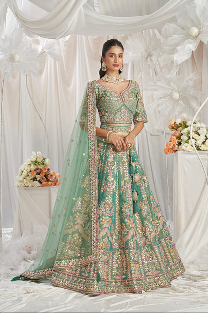 Sea Green Bridal Net Lehenga with Gotapatti &amp; Sequins