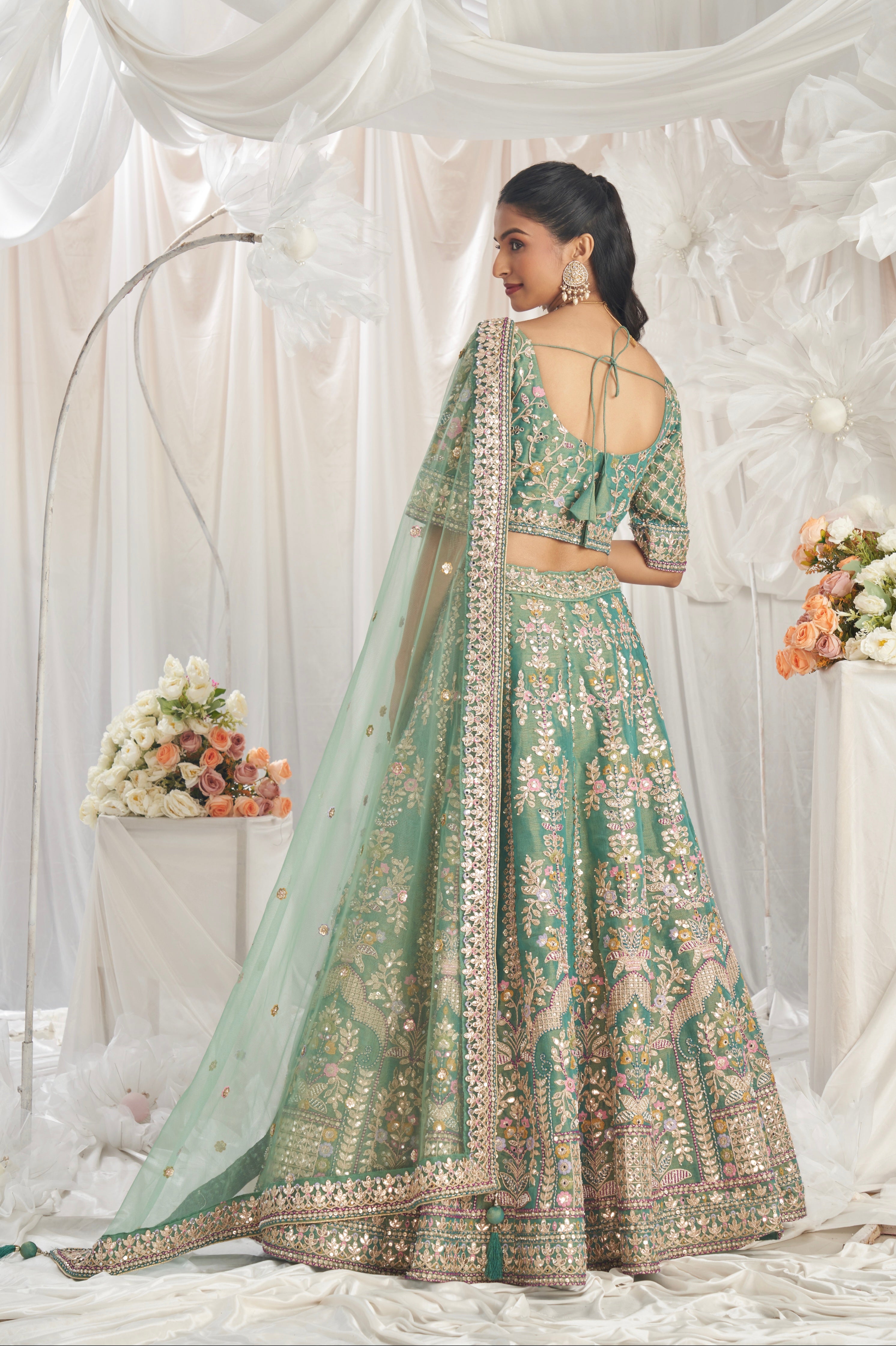 Sea Green Bridal Net Lehenga with Gotapatti &amp; Sequins