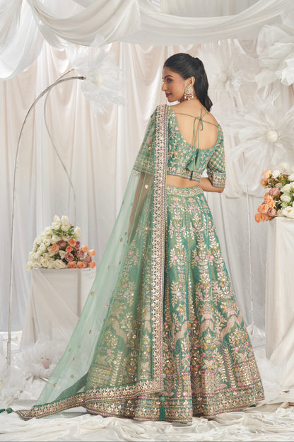 Sea Green Bridal Net Lehenga with Gotapatti &amp; Sequins