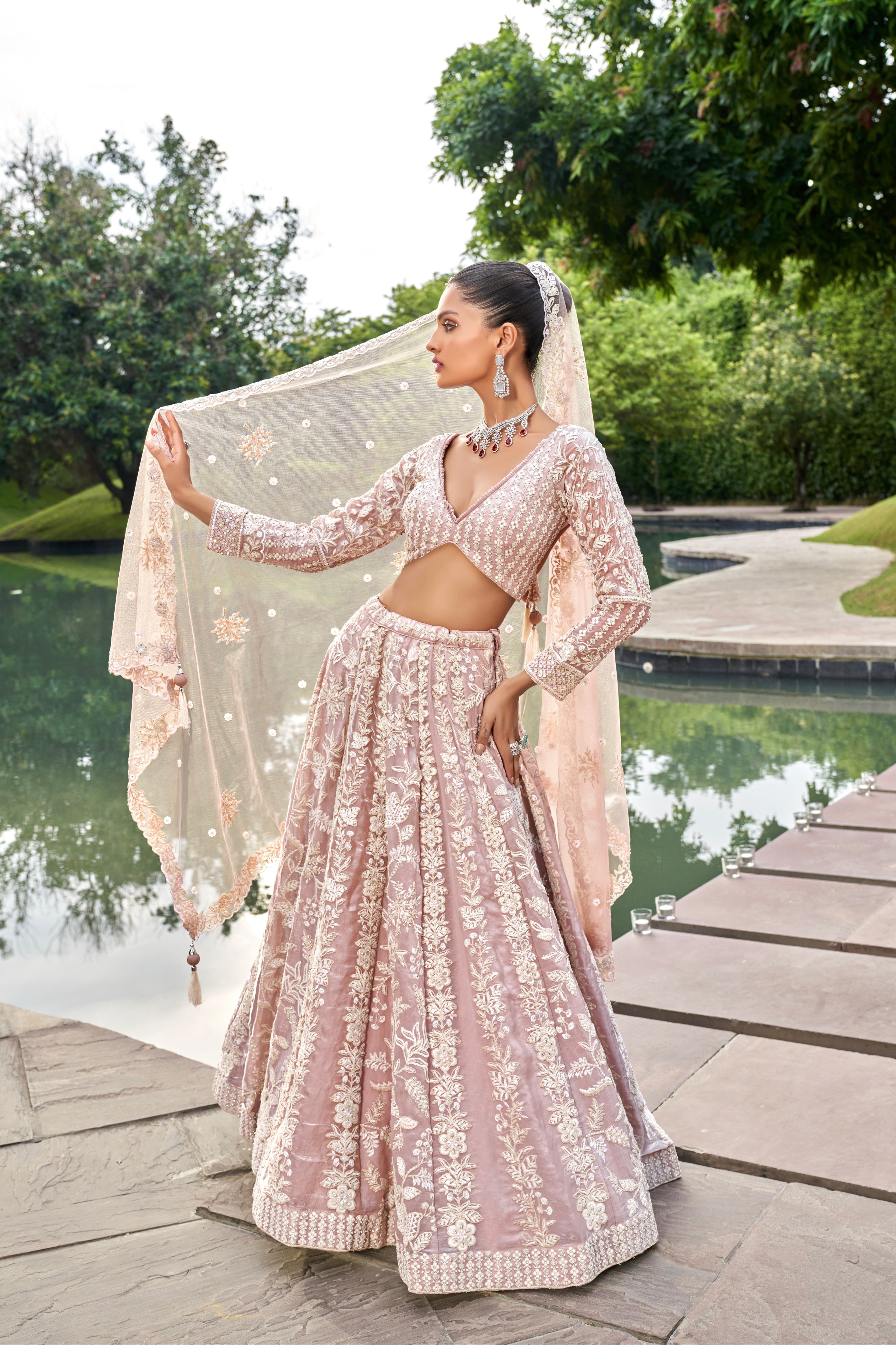 Nude Organza Bridal Lehenga with Zarkan &amp; Sequins Work
