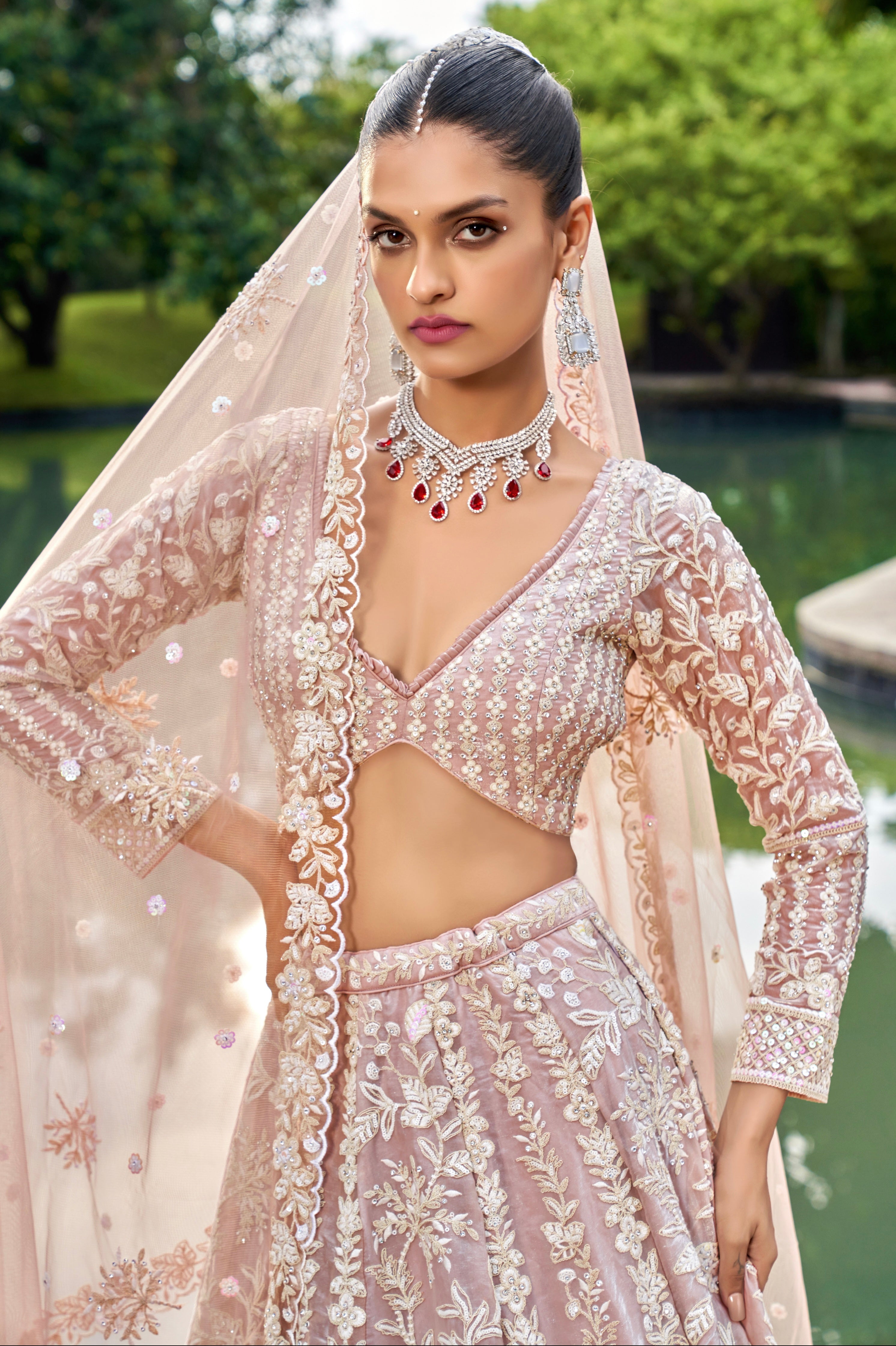 Nude Organza Bridal Lehenga with Zarkan &amp; Sequins Work
