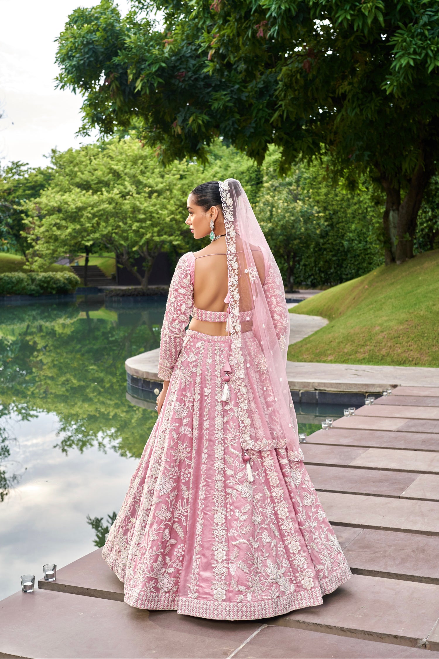Pink Organza Bridal Lehenga with Sequins &amp; Zarkan Embroidery