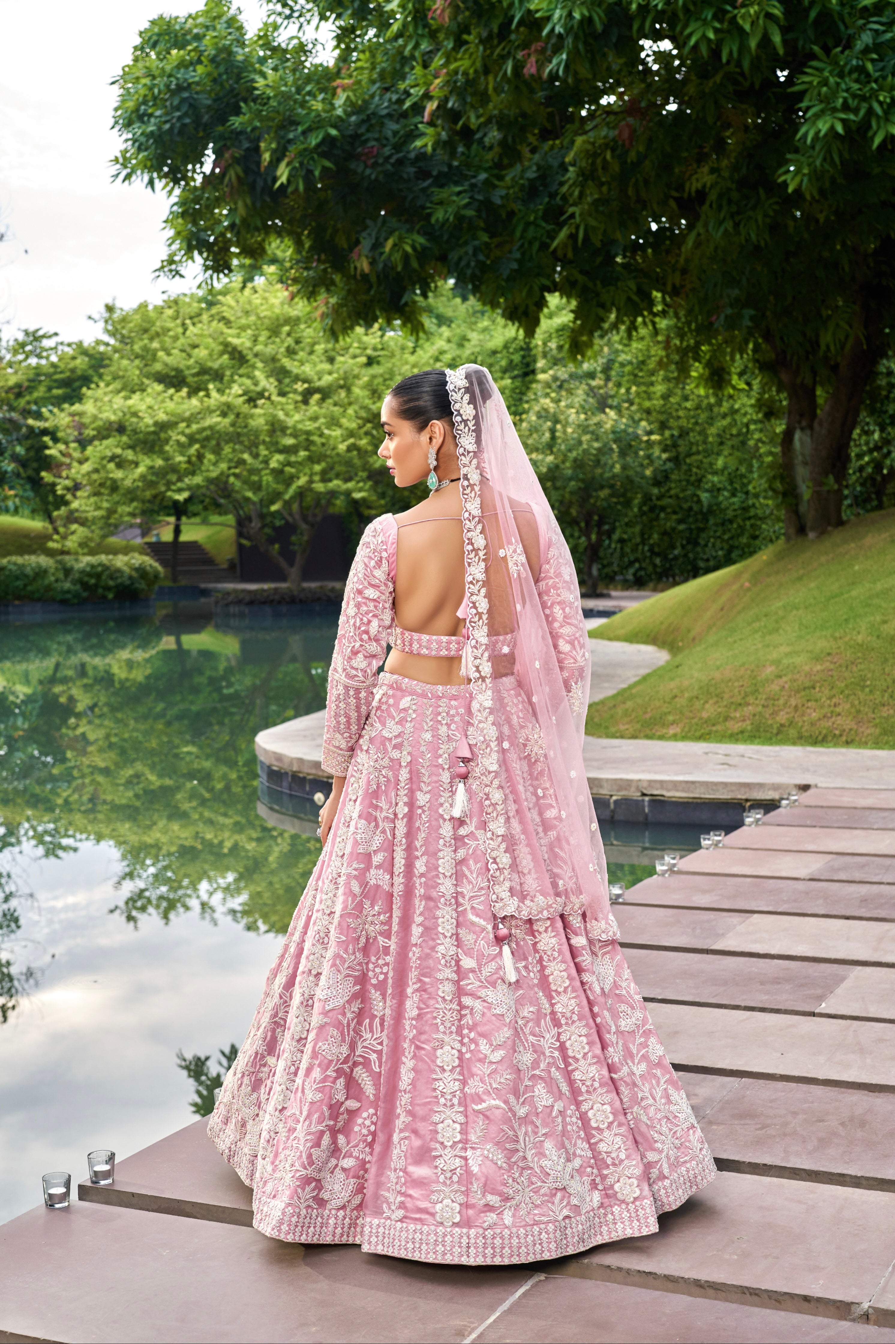 Pink Organza Bridal Lehenga with Sequins &amp; Zarkan Embroidery