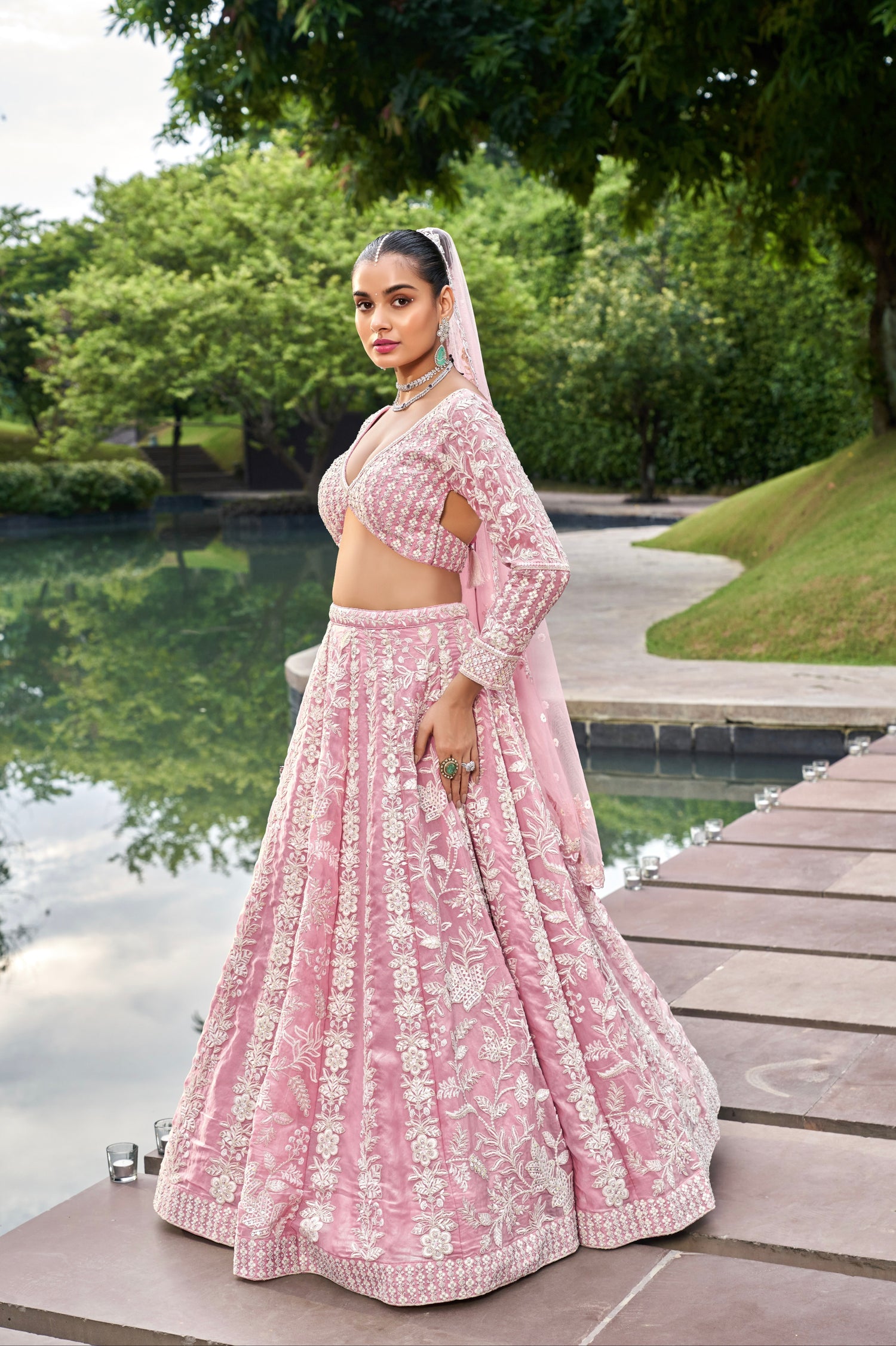 Pink Organza Bridal Lehenga with Sequins &amp; Zarkan Embroidery