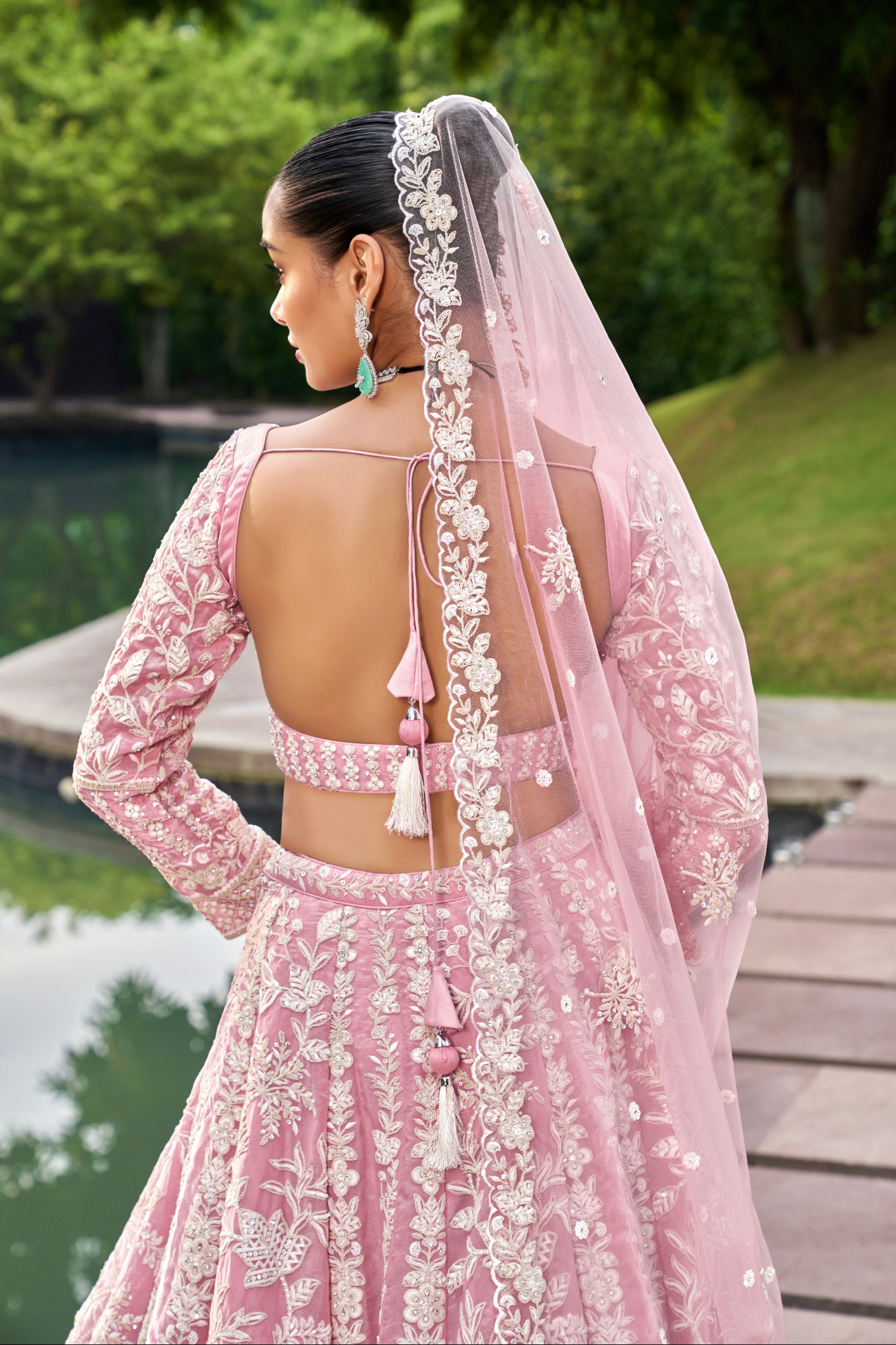 Pink Organza Bridal Lehenga with Sequins &amp; Zarkan Embroidery