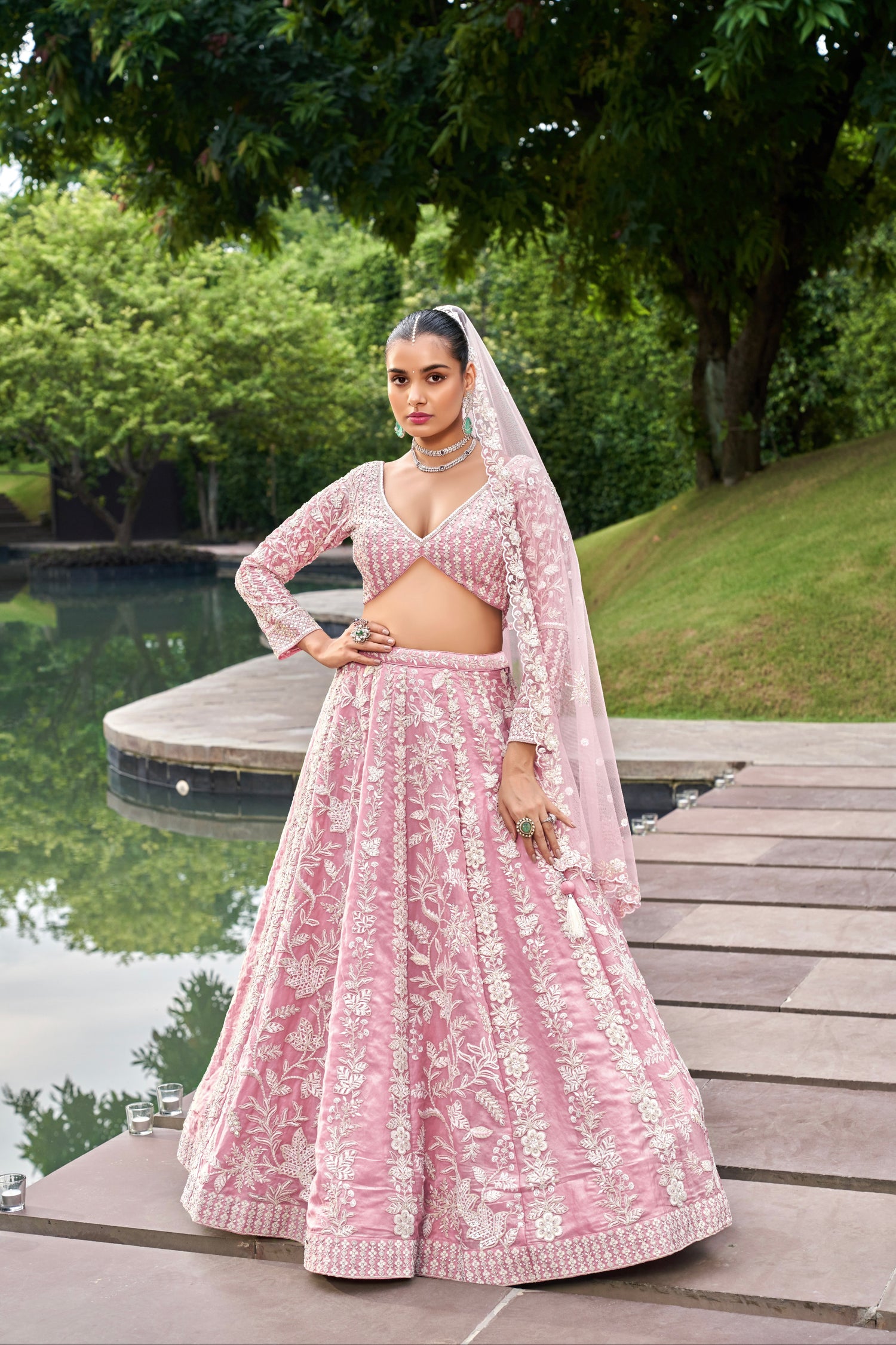 Pink Organza Bridal Lehenga with Sequins &amp; Zarkan Embroidery