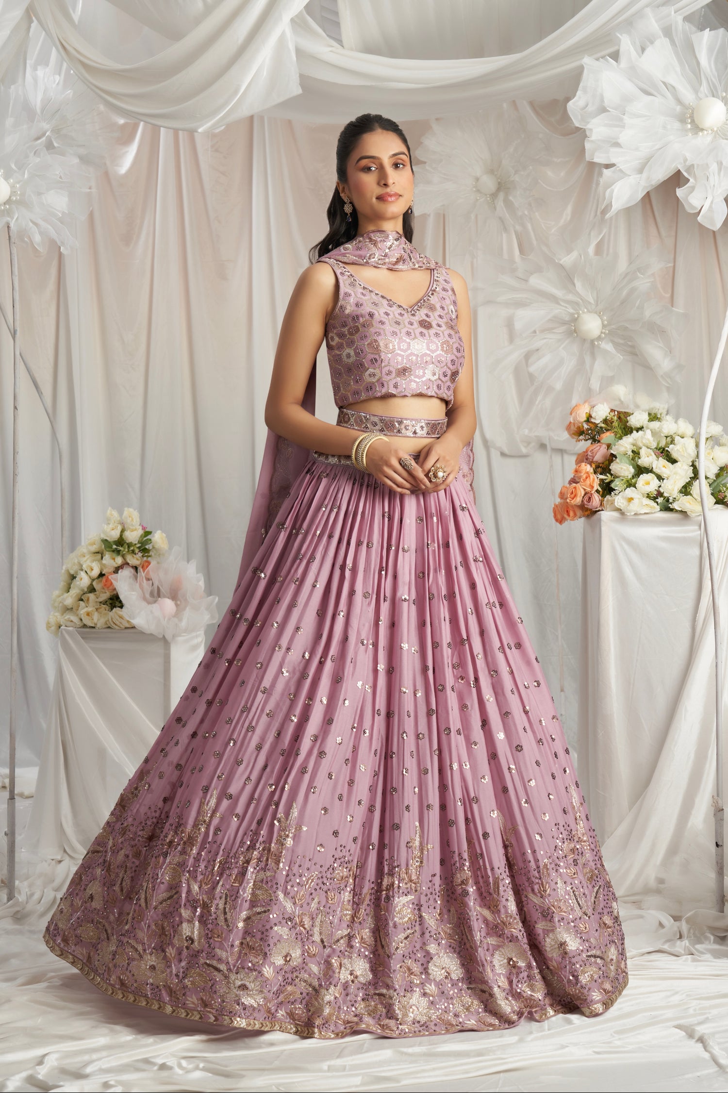 Lavender Georgette Bridal Lehenga with Sequins &amp; Thread Embroidery