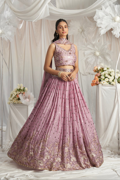 Lavender Georgette Bridal Lehenga with Sequins &amp; Thread Embroidery