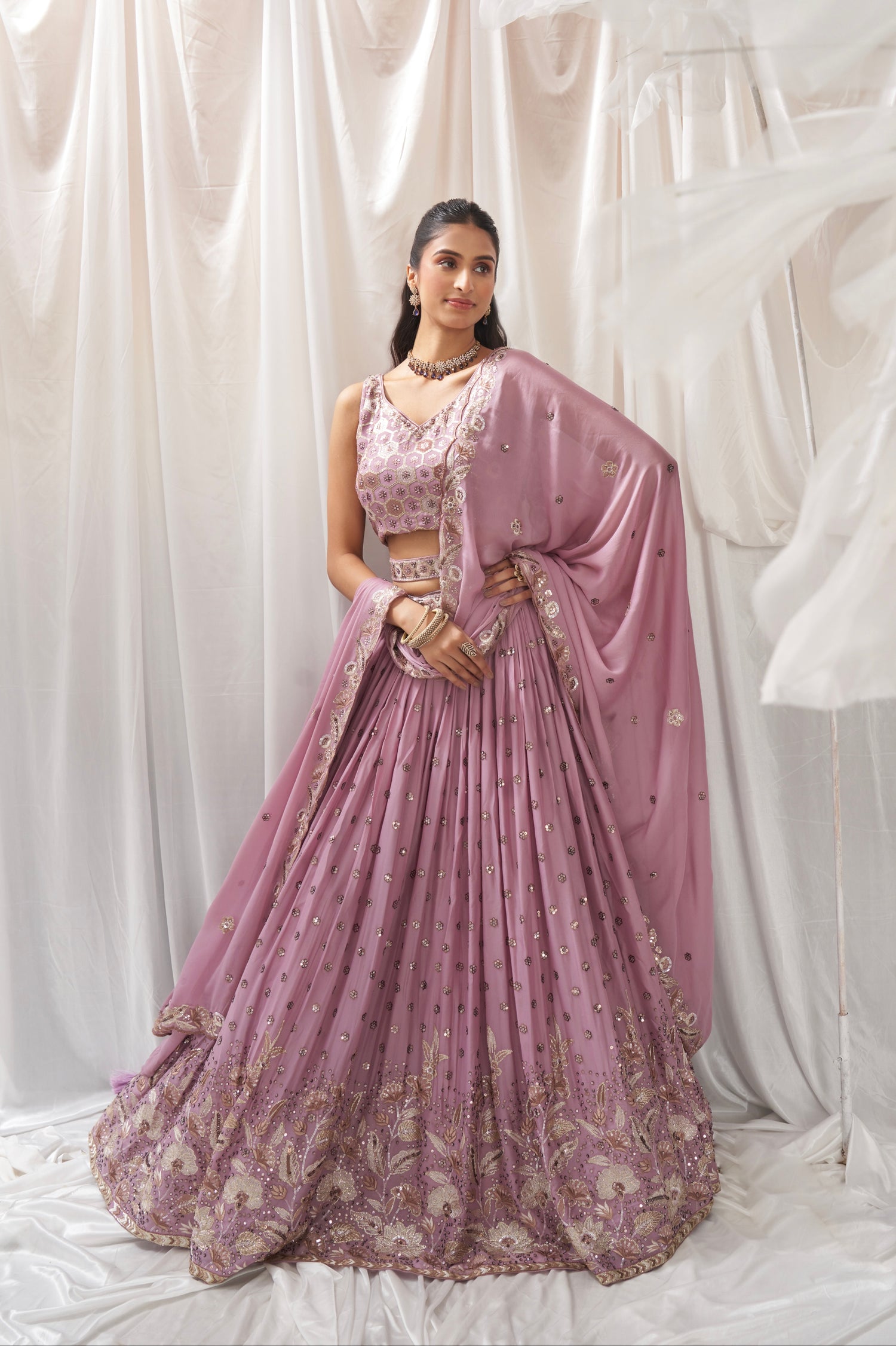 Lavender Georgette Bridal Lehenga with Sequins &amp; Thread Embroidery