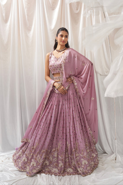 Lavender Georgette Bridal Lehenga with Sequins &amp; Thread Embroidery