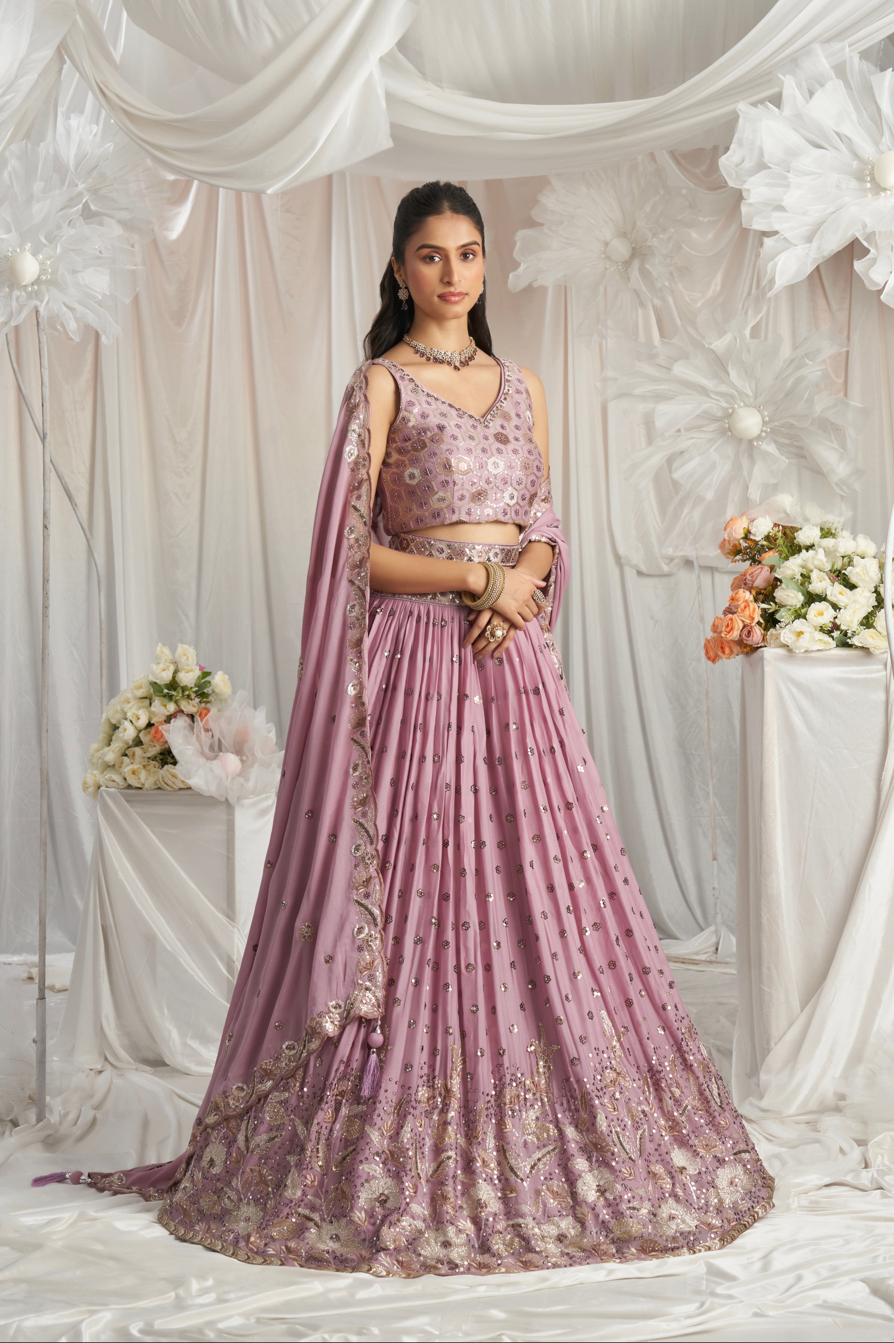 Lavender Georgette Bridal Lehenga with Sequins &amp; Thread Embroidery