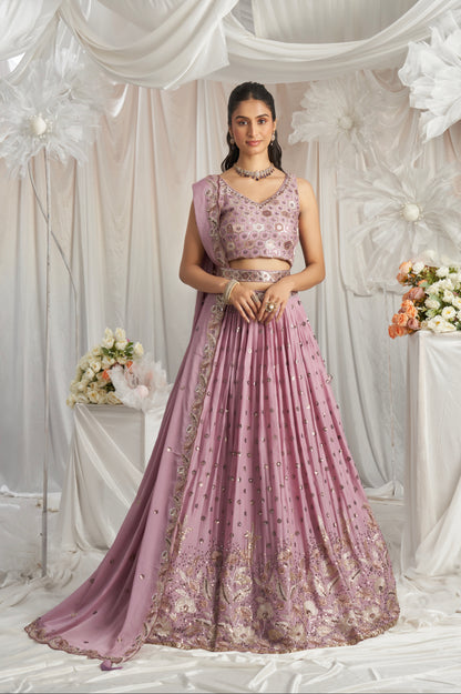 Lavender Georgette Bridal Lehenga with Sequins &amp; Thread Embroidery