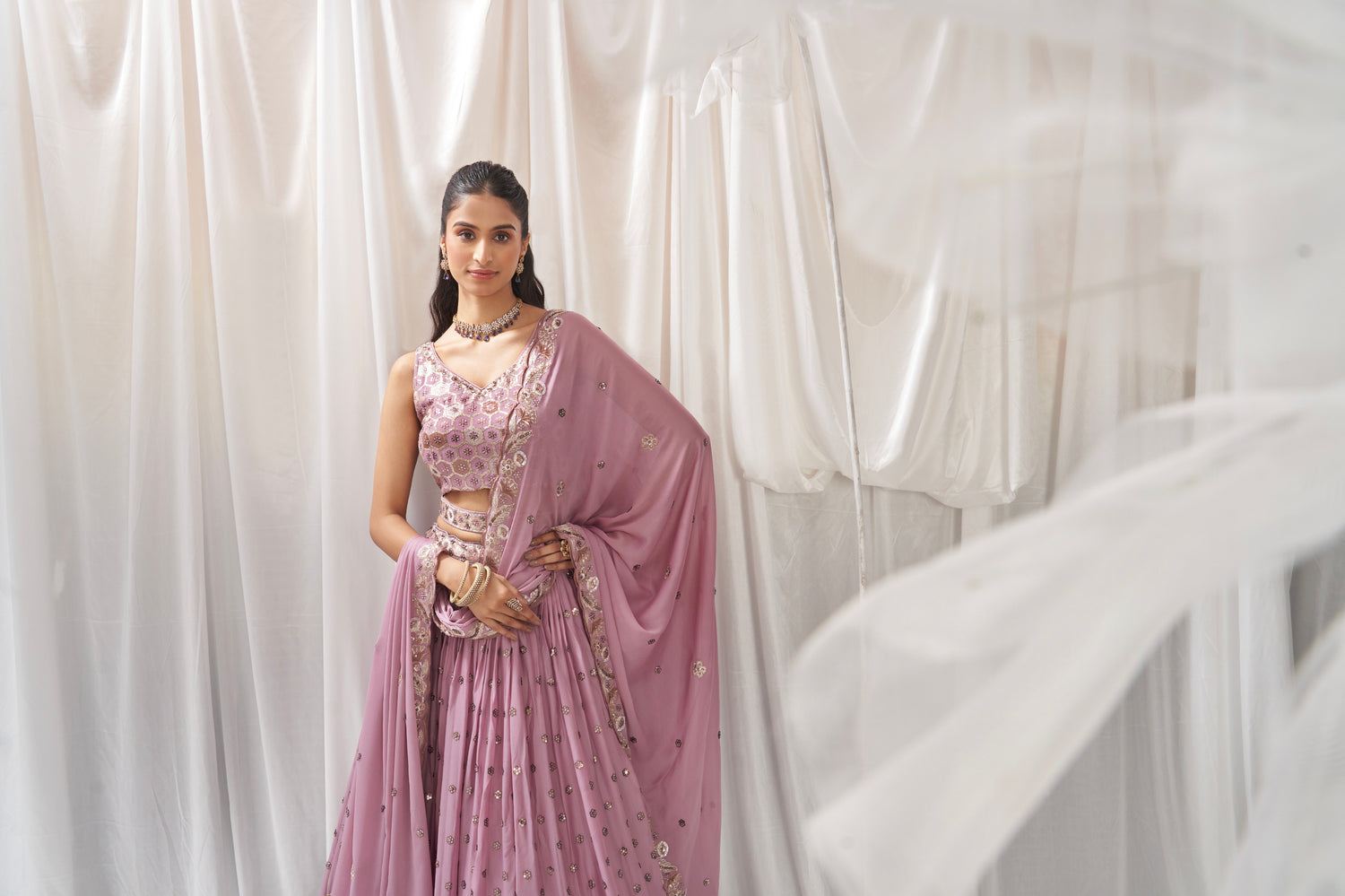 Lavender Georgette Bridal Lehenga with Sequins &amp; Thread Embroidery