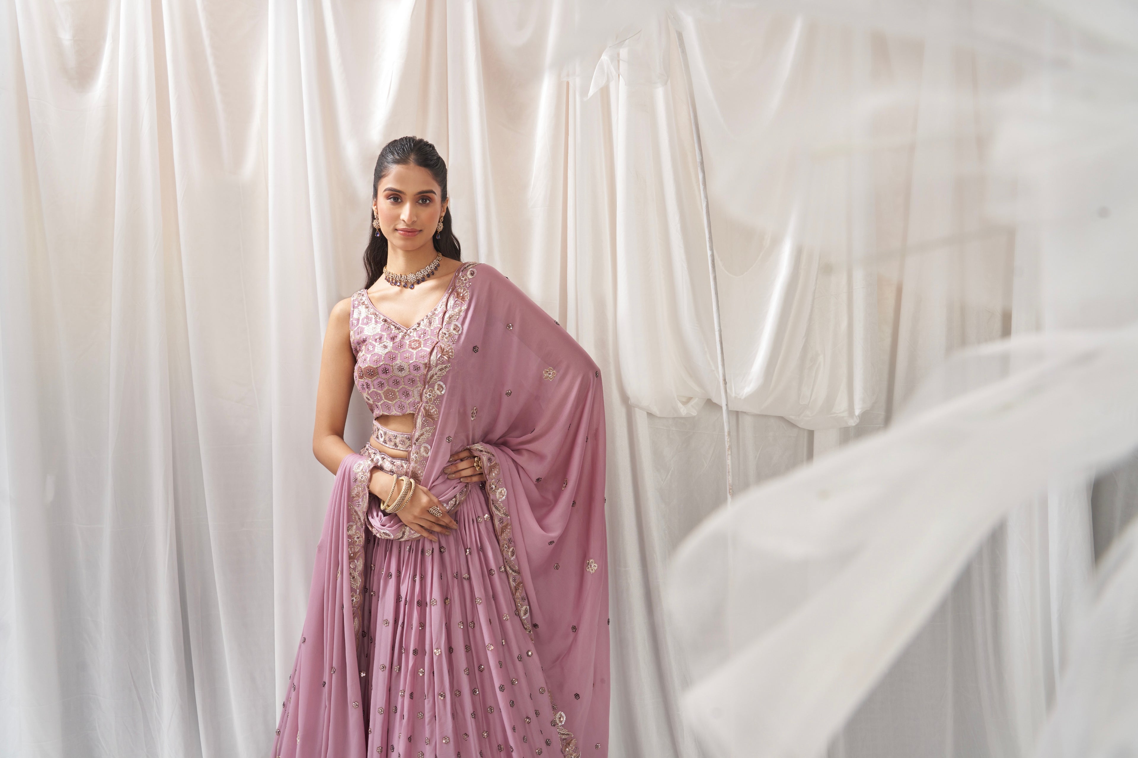 Lavender Georgette Bridal Lehenga with Sequins &amp; Thread Embroidery