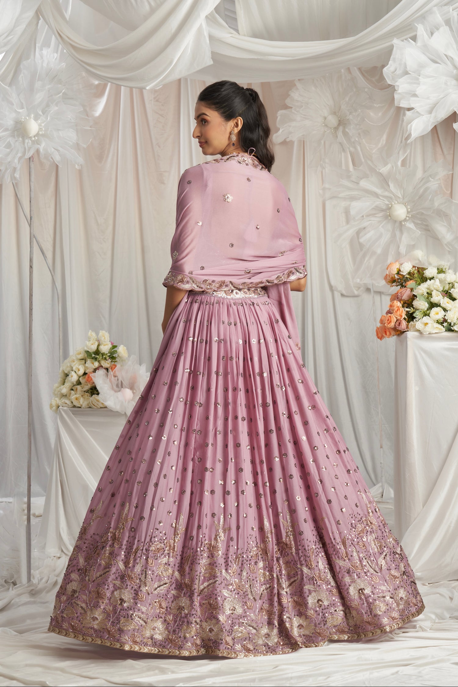 Lavender Georgette Bridal Lehenga with Sequins &amp; Thread Embroidery