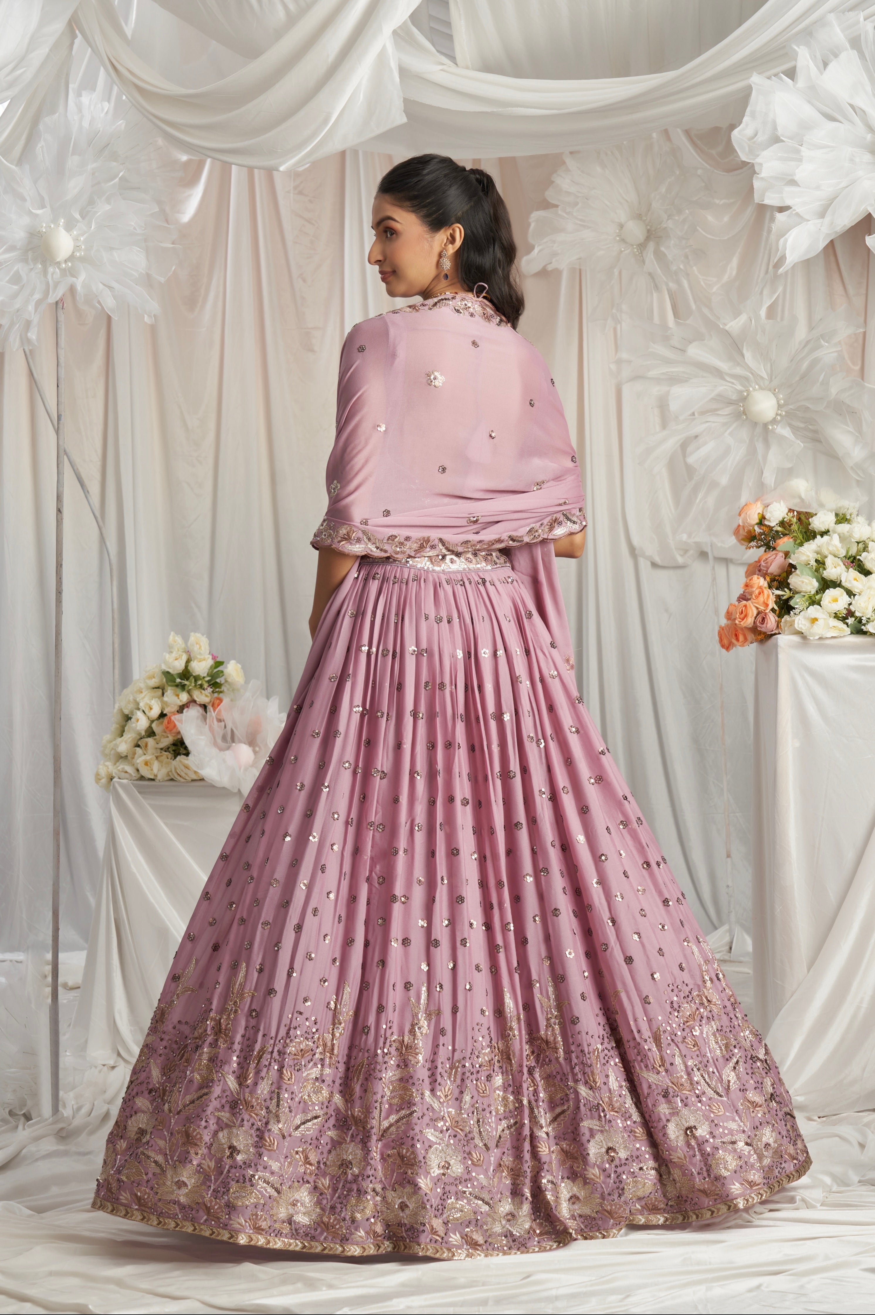 Lavender Georgette Bridal Lehenga with Sequins &amp; Thread Embroidery