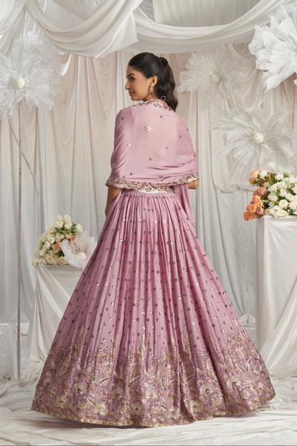 Lavender Georgette Bridal Lehenga with Sequins &amp; Thread Embroidery