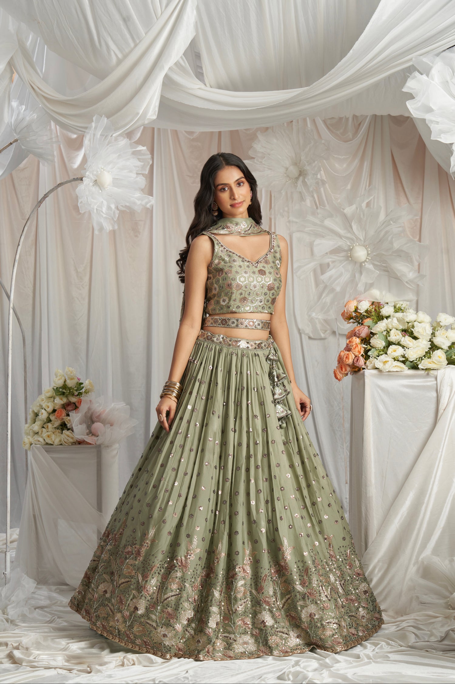 Lime Green Georgette Bridal Lehenga with Sequins &amp; Thread Embroidery