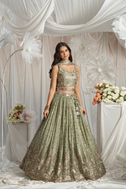 Lime Green Georgette Bridal Lehenga with Sequins &amp; Thread Embroidery