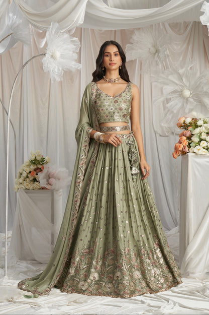 Lime Green Georgette Bridal Lehenga with Sequins &amp; Thread Embroidery