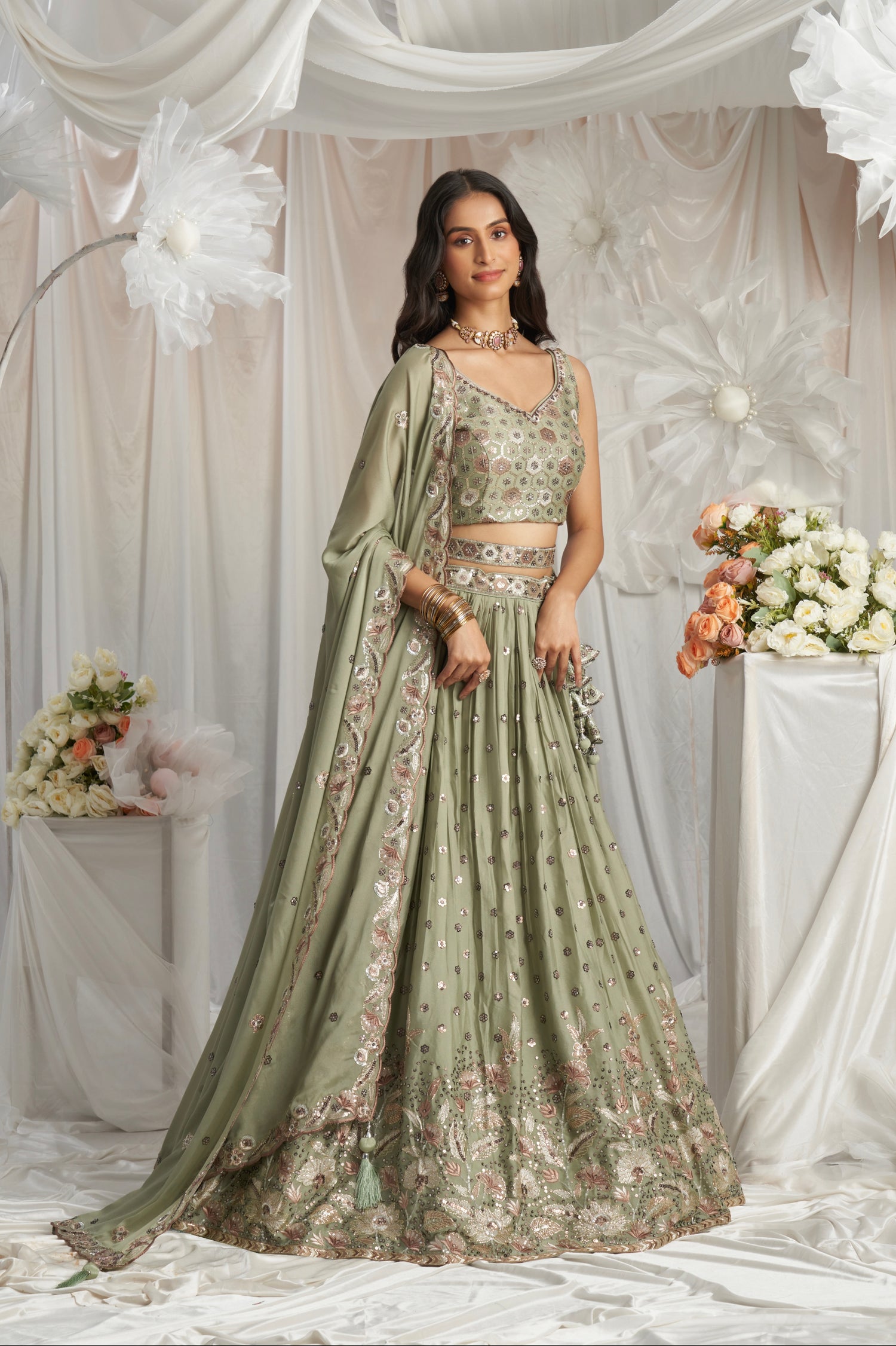 Lime Green Georgette Bridal Lehenga with Sequins &amp; Thread Embroidery