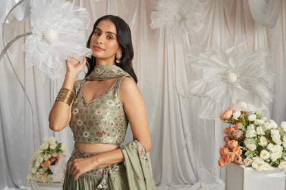 Lime Green Georgette Bridal Lehenga with Sequins &amp; Thread Embroidery