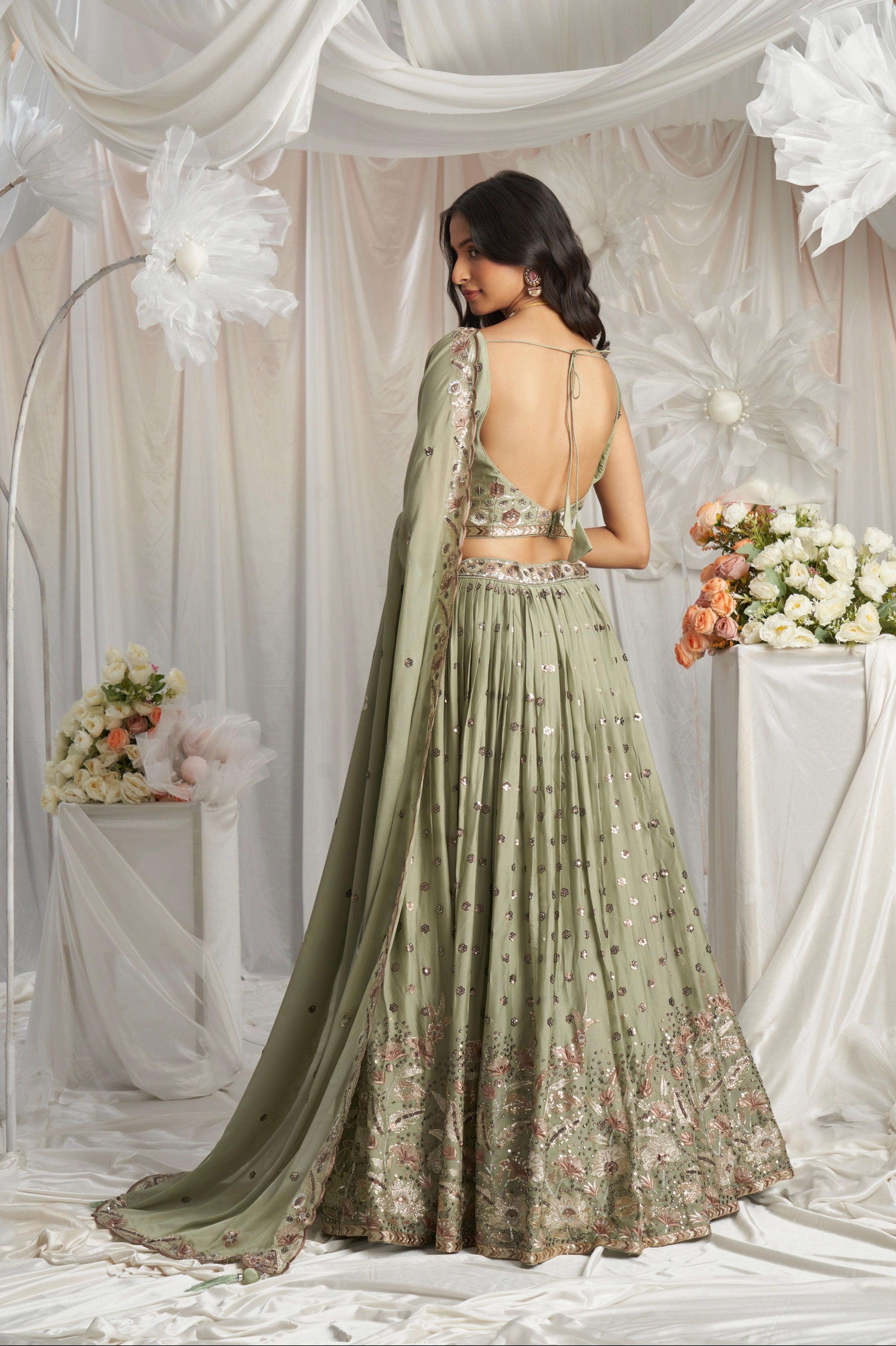 Lime Green Georgette Bridal Lehenga with Sequins &amp; Thread Embroidery