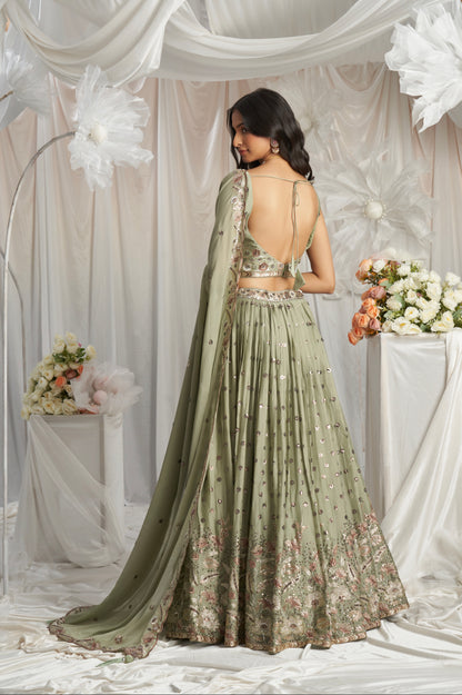 Lime Green Georgette Bridal Lehenga with Sequins &amp; Thread Embroidery