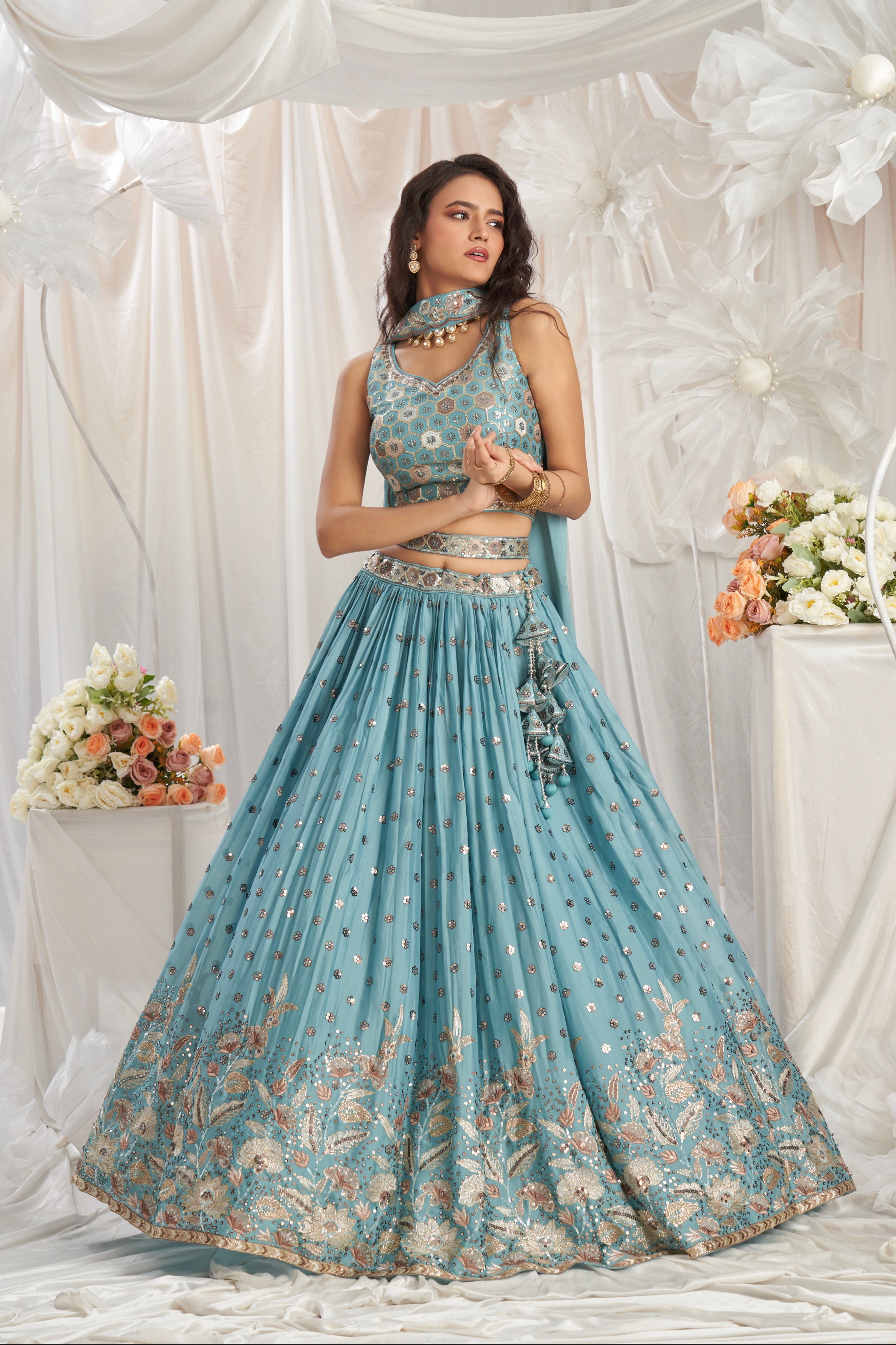 Turquoise Blue Georgette Lehenga with Sequins &amp; Thread Embroidery