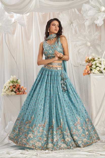 Turquoise Blue Georgette Lehenga with Sequins &amp; Thread Embroidery