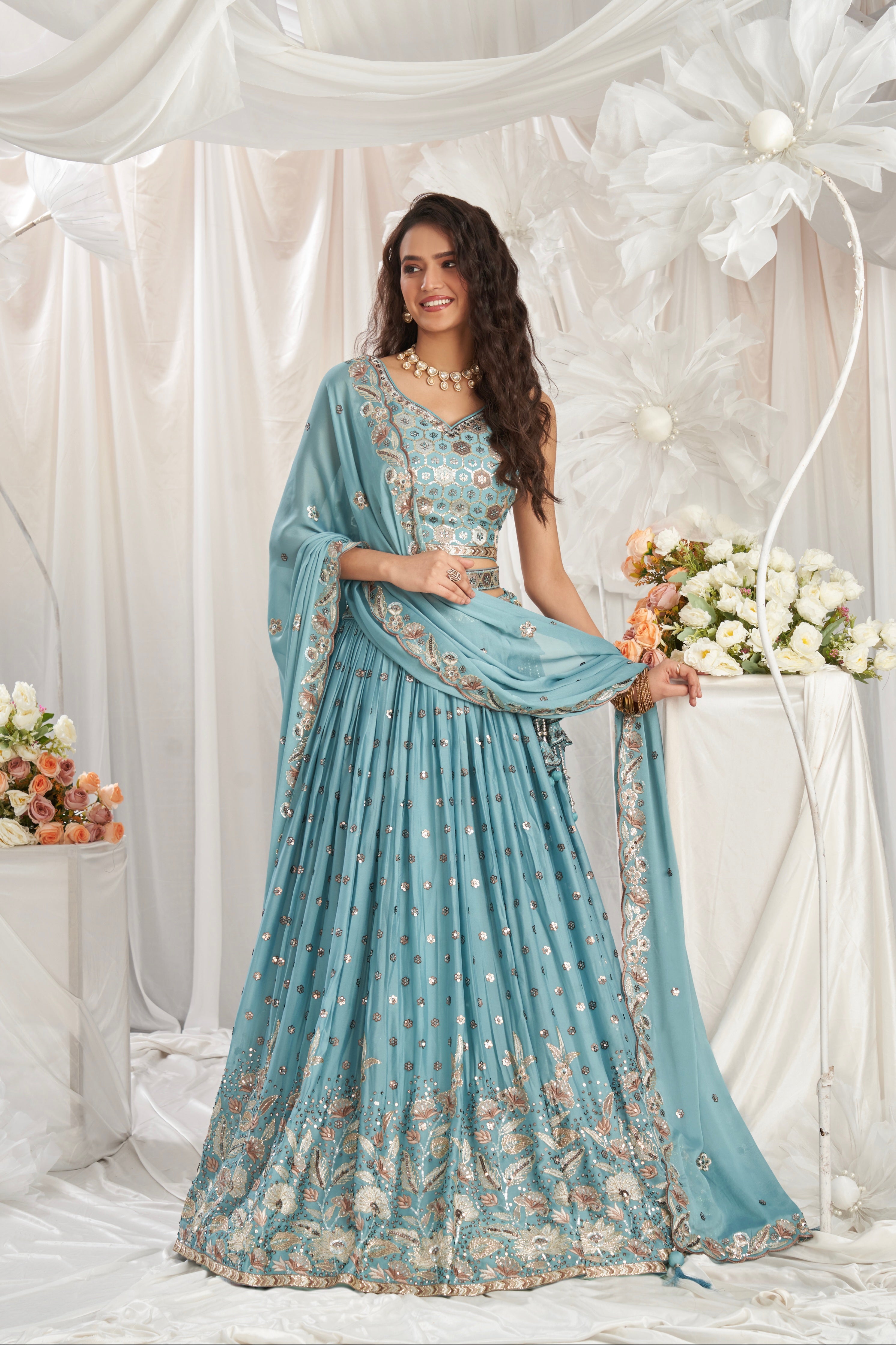 Turquoise Blue Georgette Lehenga with Sequins &amp; Thread Embroidery